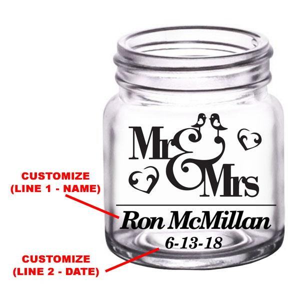 Customizable Clear Mini Mason Jar Shot Glass - 2oz Mr. and Mrs. Wedding Favors, Bridal Shower Gifts, Party Supplies for Cocktails, Whiskey, and Fun Celebrations