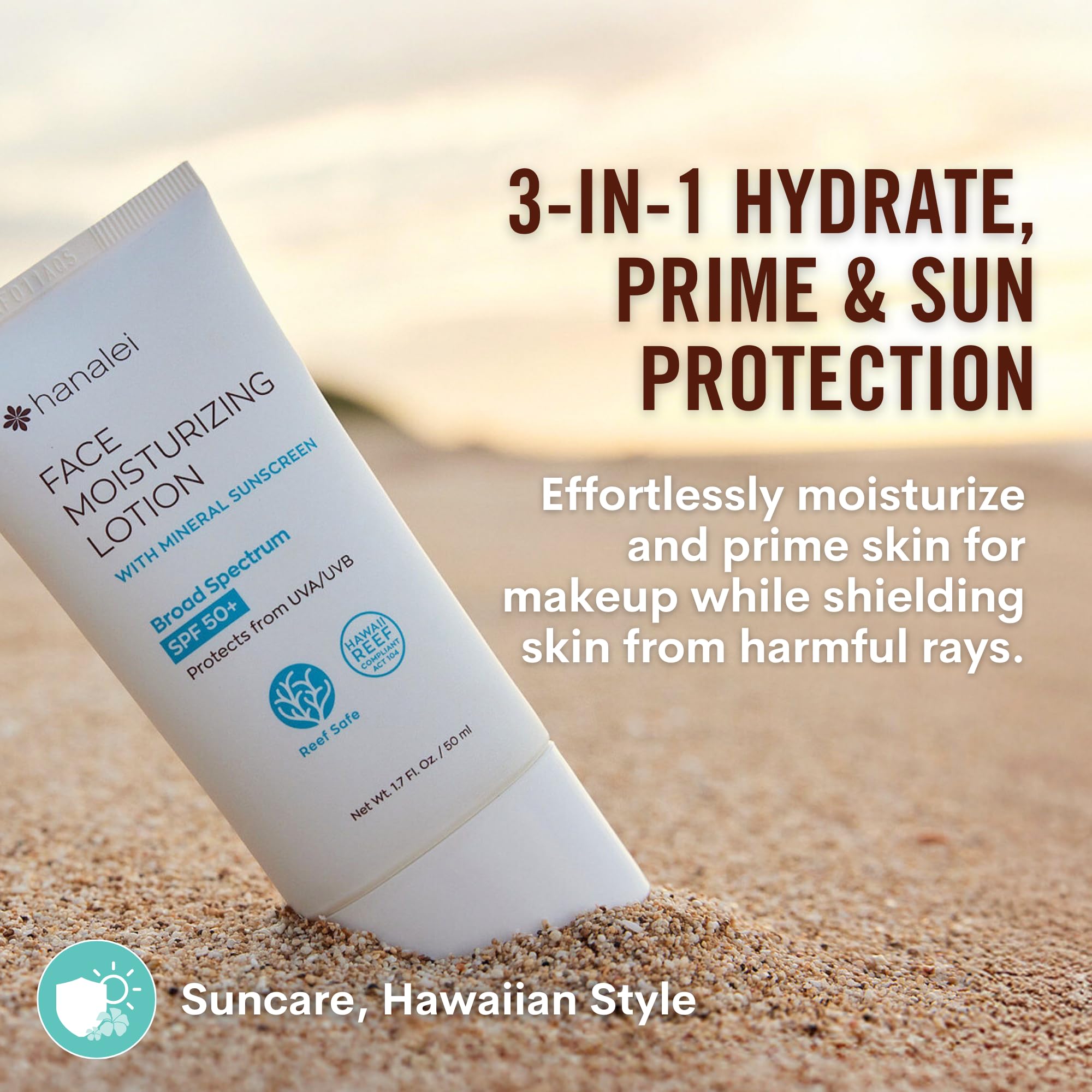 Hanalei SPF 50 Face Moisturizer with Zinc Oxide - Vegan, Reef-Safe Sunscreen for Sensitive Skin | No White Cast, Invisible Protection | 3-in-1 Hydrating Makeup Primer (1.7 oz) | Perfect for Daily Use, Beach Days & Outdoor Activities