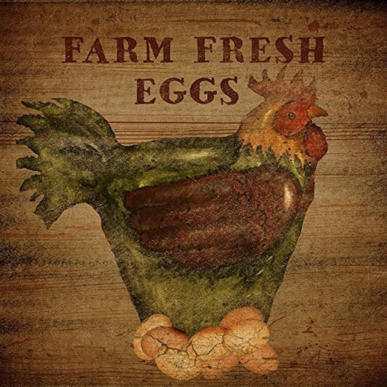 Farm Fresh Eggs Chicken 12x12 Art Print Poster - Rustic Kitchen Wall Decor by Beth Albert - Perfect for Farmhouse, Country Style Home & Cafe Decor