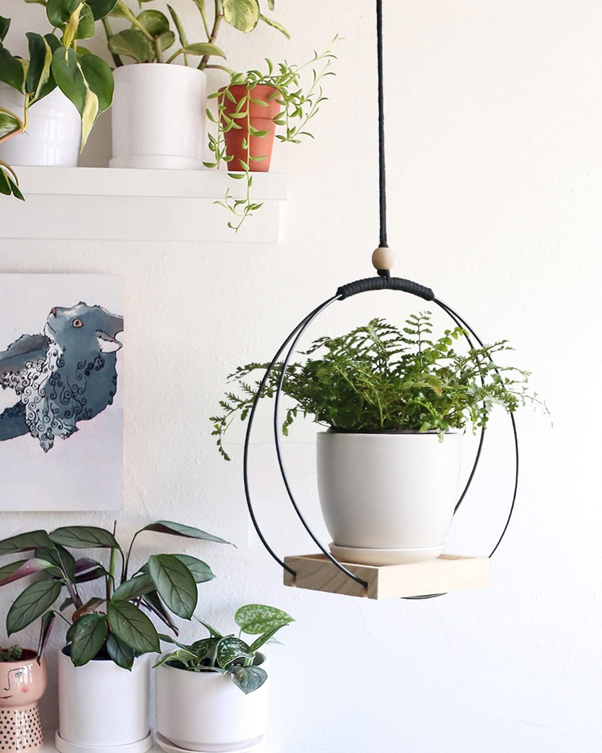 2 Pack Modern Macrame Hanging Planter Shelf with Wood Base - Indoor Outdoor Wall Ceiling Window Flower Pot Holder - Boho Home Décor for Living Room, Bedroom, Balcony - Black (Planter/Plants Not Included)