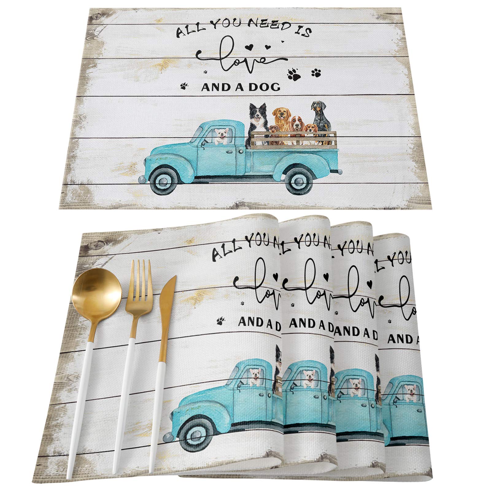 Farmhouse Blue Truck with Dogs Placemats Set of 6 - Stain Resistant Washable Table Mats for Kitchen & Dining - Rustic Wood Grain Design - Perfect for Farmhouse Decor, Family Meals & Holiday Gatherings