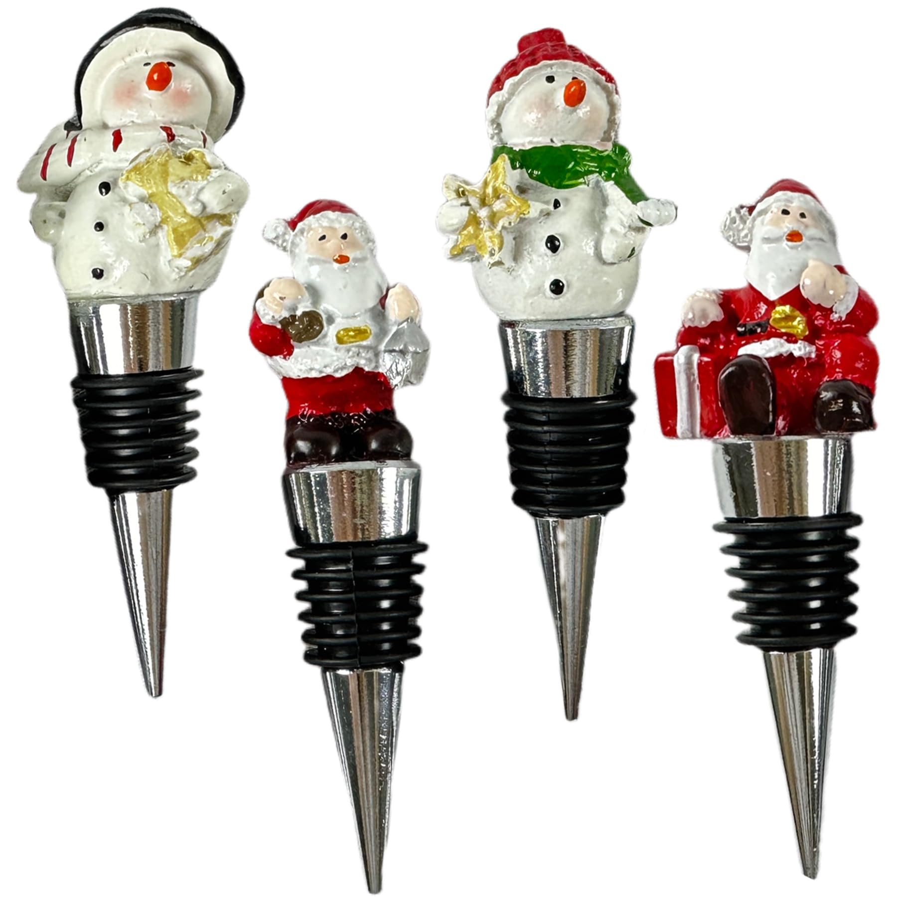 Festive Christmas Wine Bottle Stoppers Set - 4 Pack Santa & Snowman Decor Sealer for Olive Oil, Liquor & Whiskey Bottles - Perfect Holiday Gift for Wine Lovers | Great for Christmas Parties, Dinner Decor & Alcohol Storage