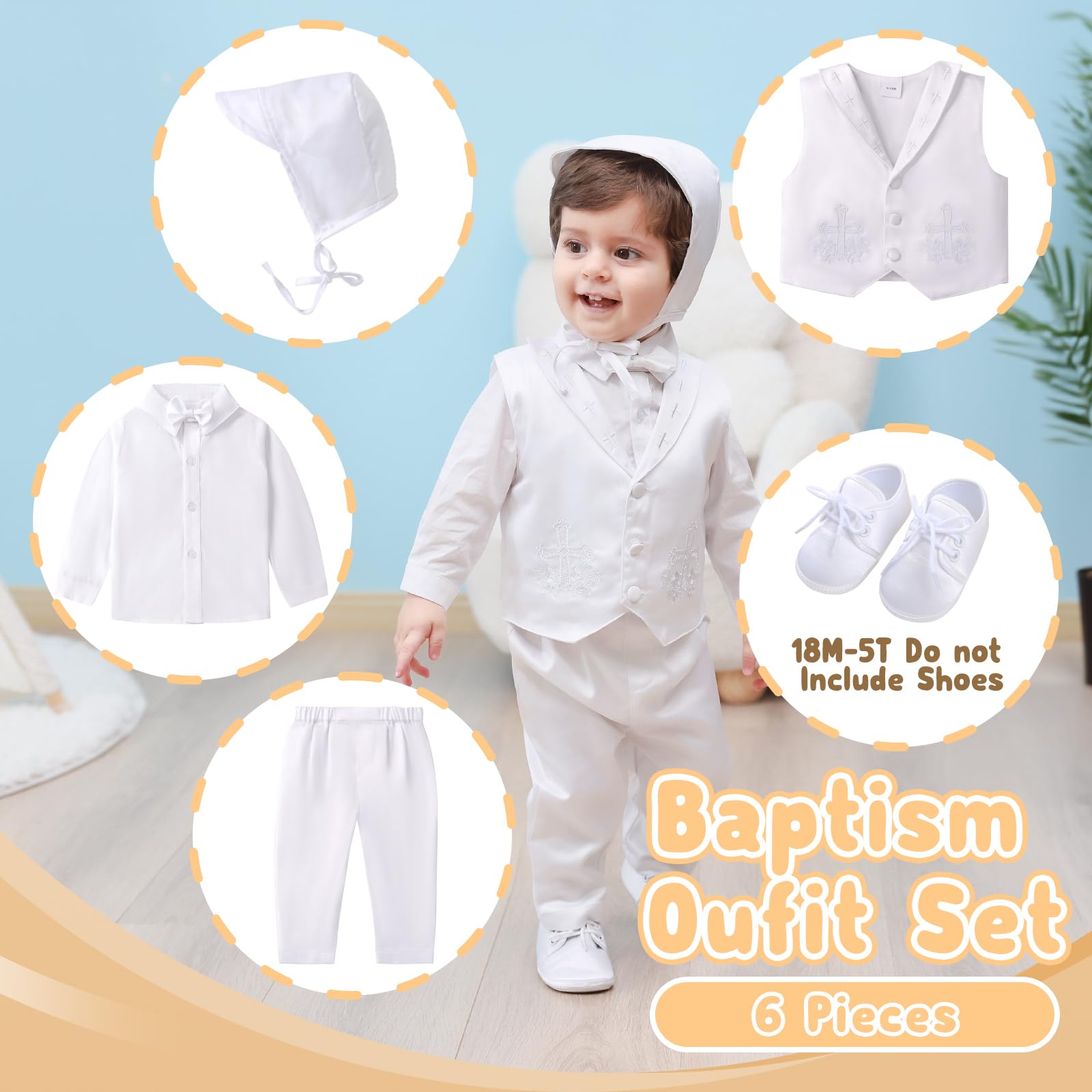 Booulfi Baby Boy Baptism Outfits - White Christening Suit with Dress Shirt & Pants - Perfect for Church Ceremonies, Christenings & Special Occasions