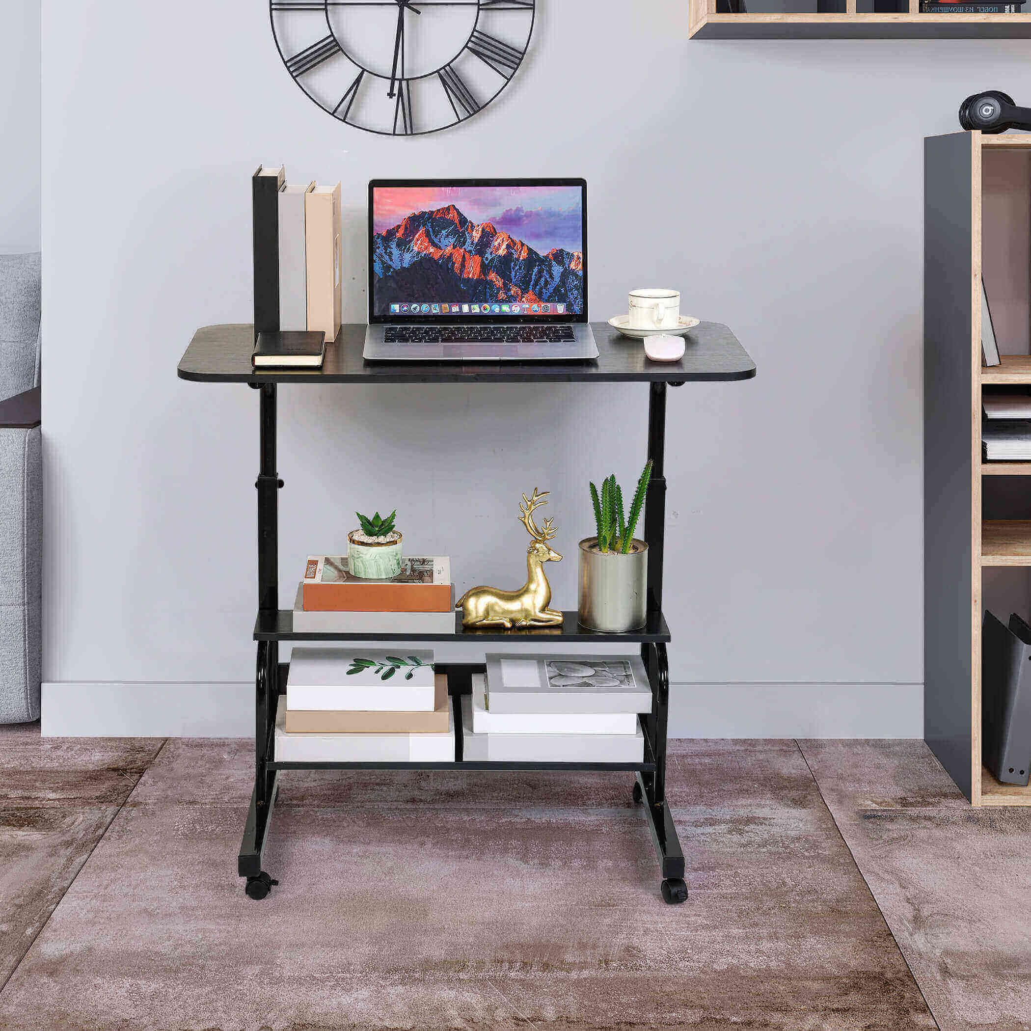 Adjustable Height Mobile Computer Desk with Wheels - 31.5x15.7 Inch Rolling Workstation for Small Spaces, Home Office, Bedroom & Gaming - Portable Black Desk with Storage (Perfect for Remote Work, Online Classes & Compact Living Spaces)