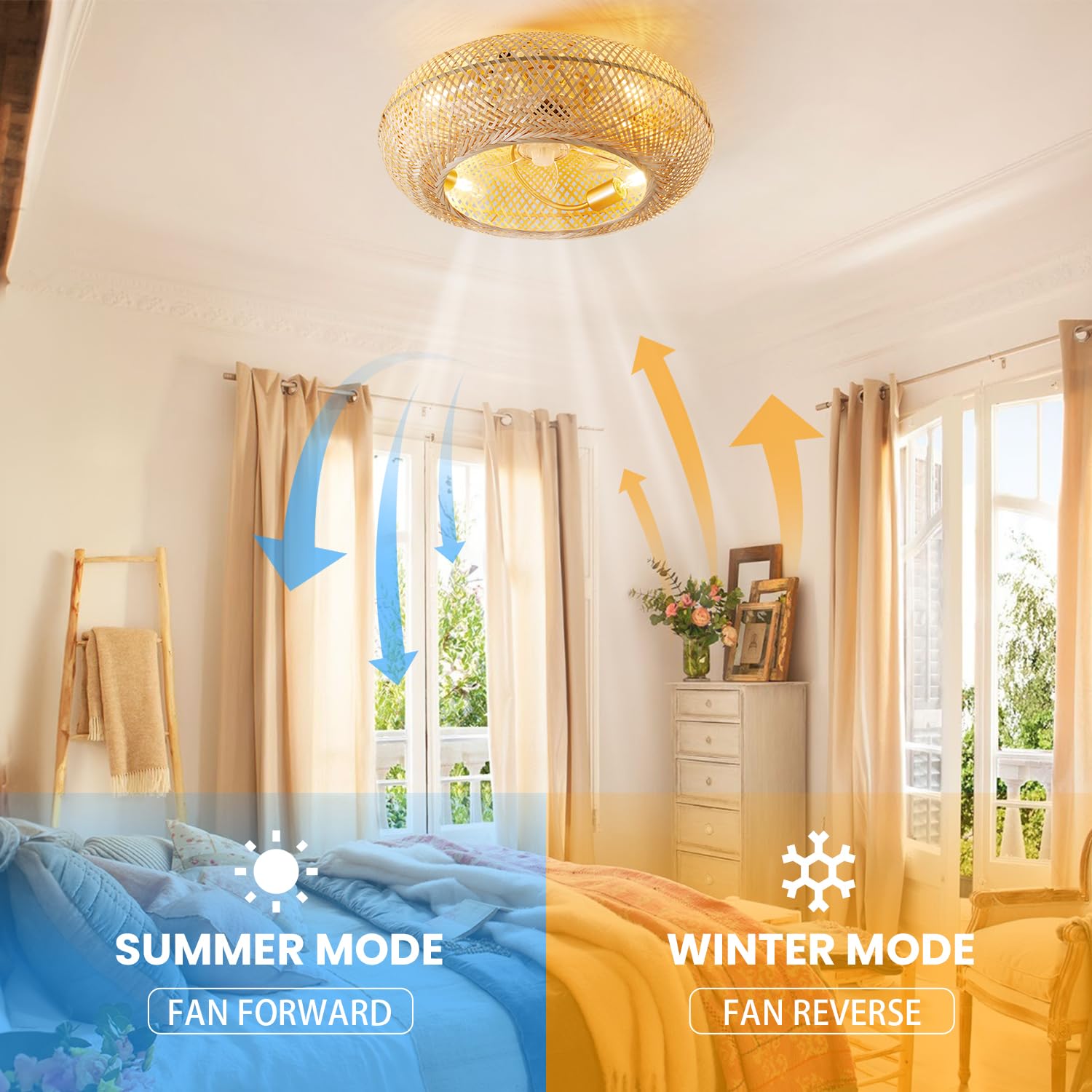 Boho Rattan Ceiling Fan with Lights and Remote Control - 20