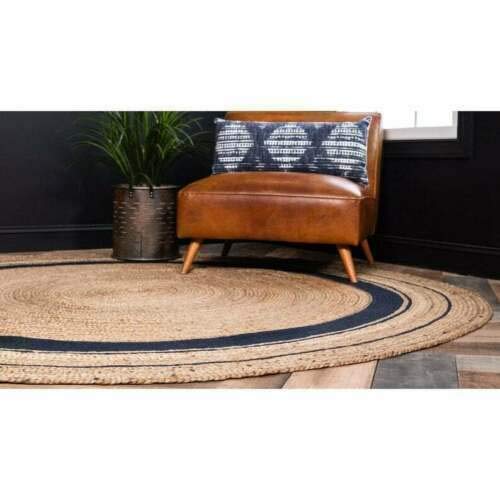Handwoven Jute Area Rug - Natural Braided Round Rug for Bedroom, Kitchen, Living Room & Farmhouse Decor (7x7 Feet, Black Border) - Perfect for Boho, Coastal & Rustic Home Styles
