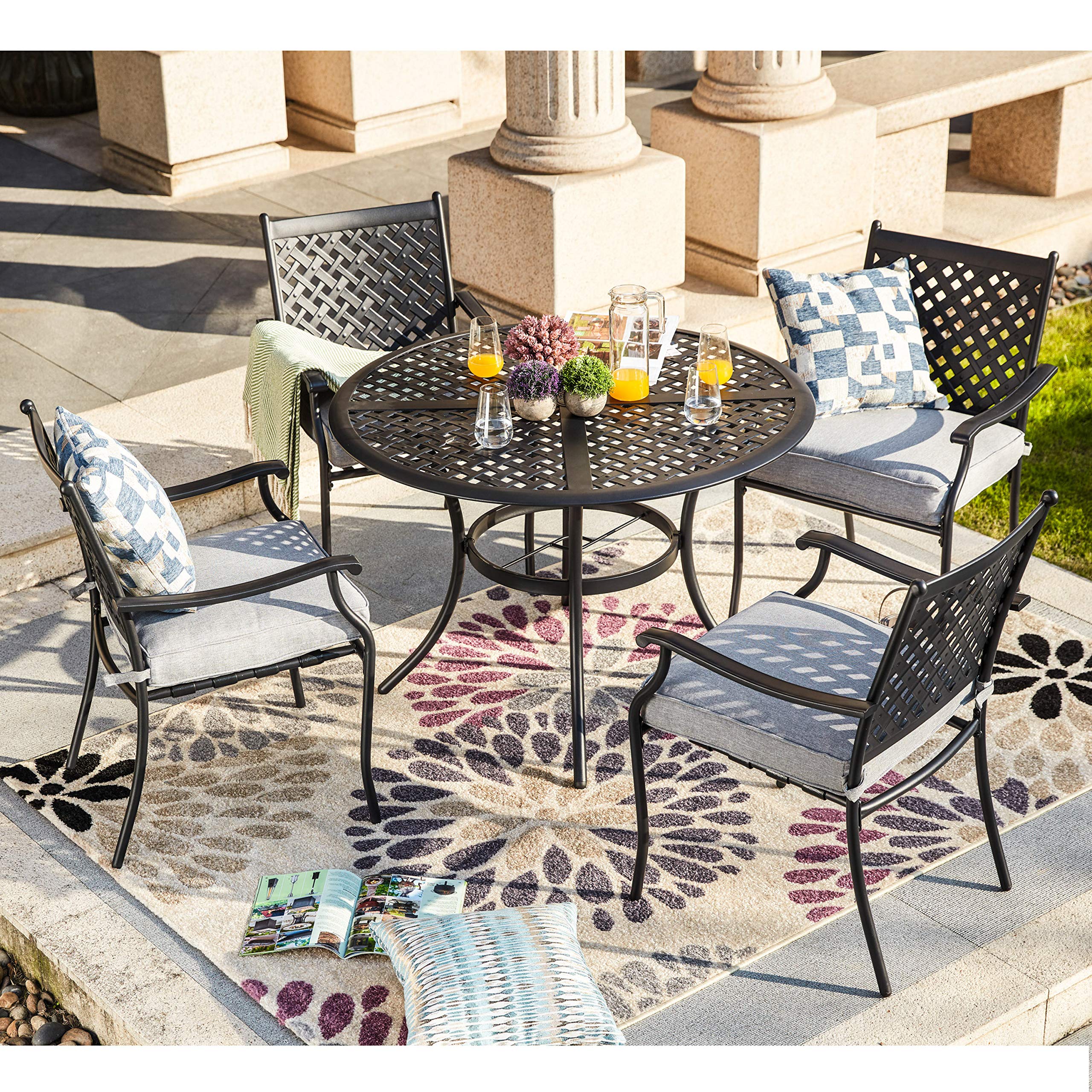 LOKATSE HOME 4-Piece Outdoor Patio Dining Chair Set - Wrought Iron Metal Chairs with Arms & Cushions (Grey) - Perfect for Garden, Backyard, Poolside & Restaurant Outdoor Seating