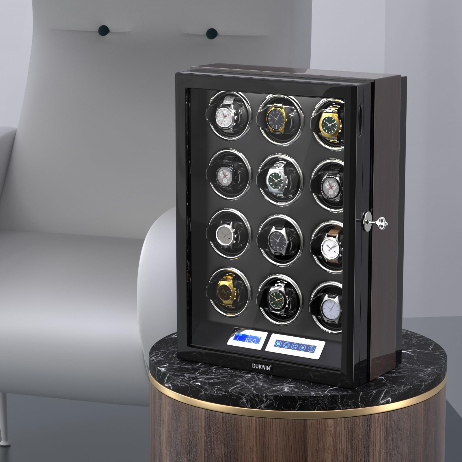 DUKWIN Automatic Watch Winder with LCD Touch Screen & Remote Control - Holds 9/12 Watches | Luxury Watch Storage Case for Men | Perfect for Travel, Office & Home Display