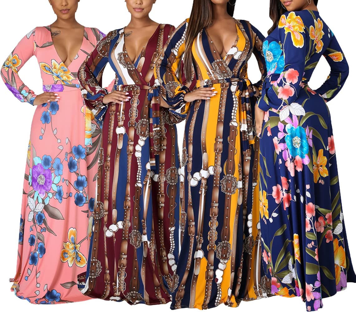 JTNFairy Women's Floral Print Long Maxi Dress - Plus Size Casual & Party Outfits for Beach, Wedding & Summer Vacations