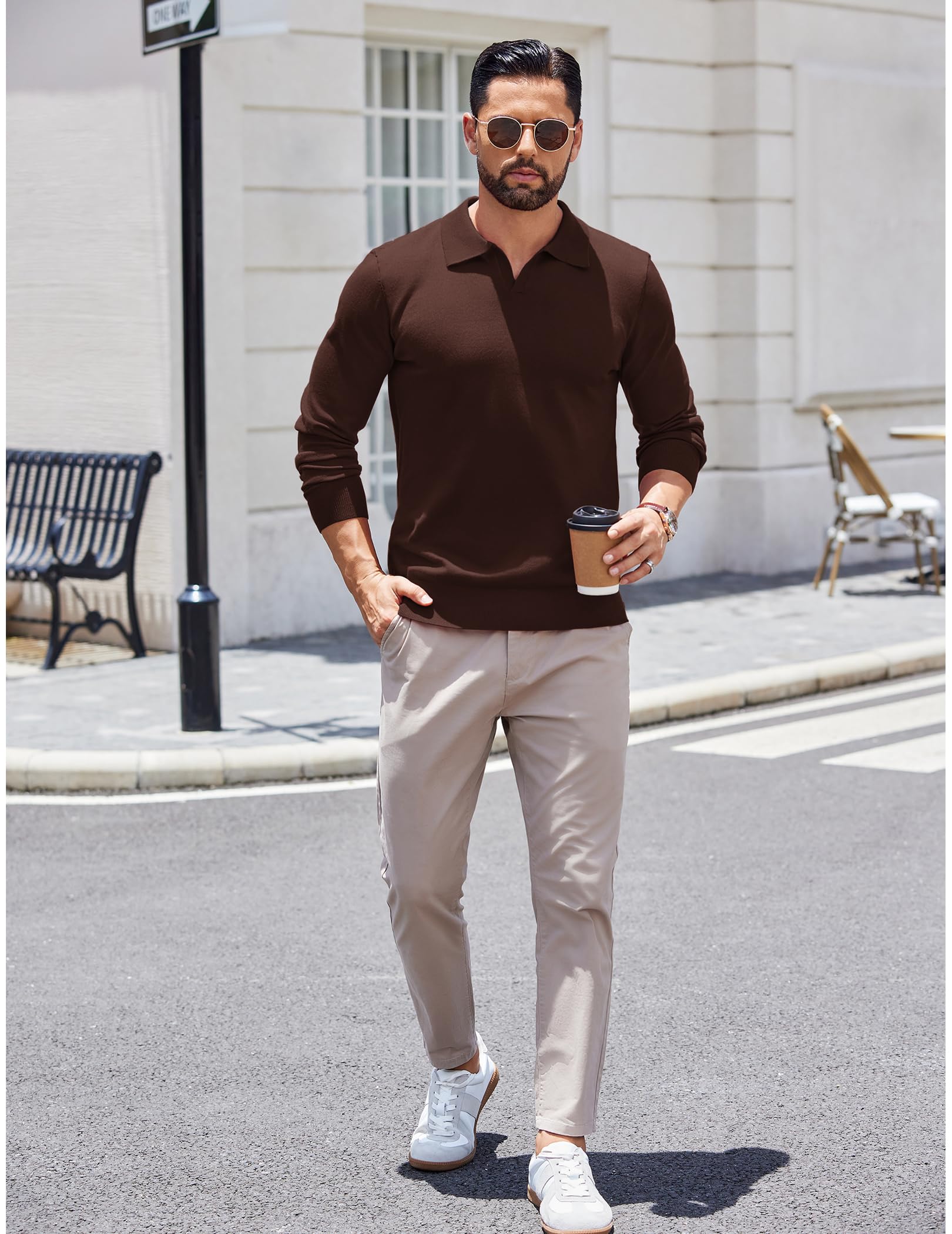 COOFANDY Men's Lightweight Ribbed Knit Polo Sweater - Long Sleeve Pullover Shirt for Casual Wear & Office Outfits