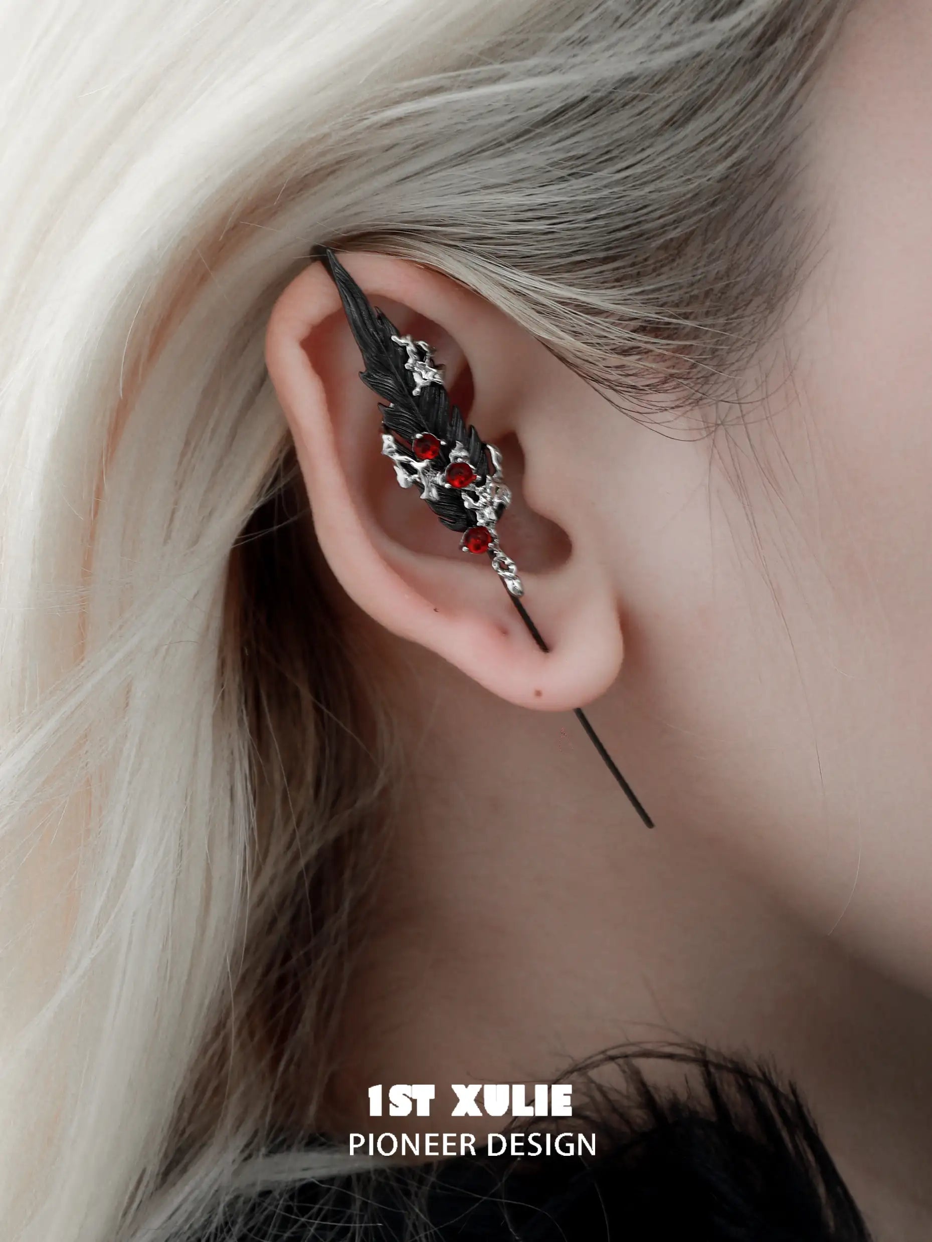 Lucifer Red Crystal 18K Black Gold Plated Ear Hook Needle Piercing Earrings for Women - Gothic Jewelry for Parties, Nightclubs & Special Occasions