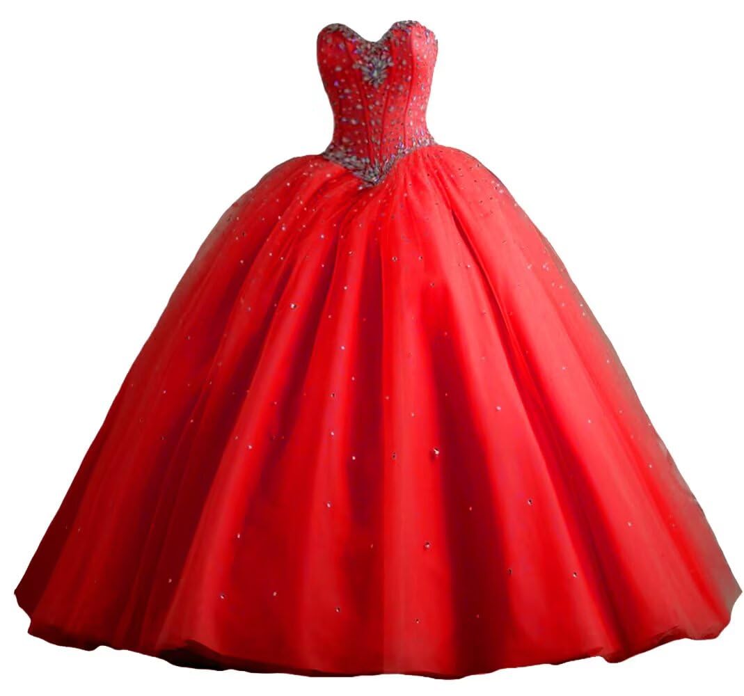 Elegant Silver Beaded Ball Gown for Women - Crystal Sequined Quinceanera & Prom Long Dress in Red | Perfect for Formal Parties, Dances & Special Occasions