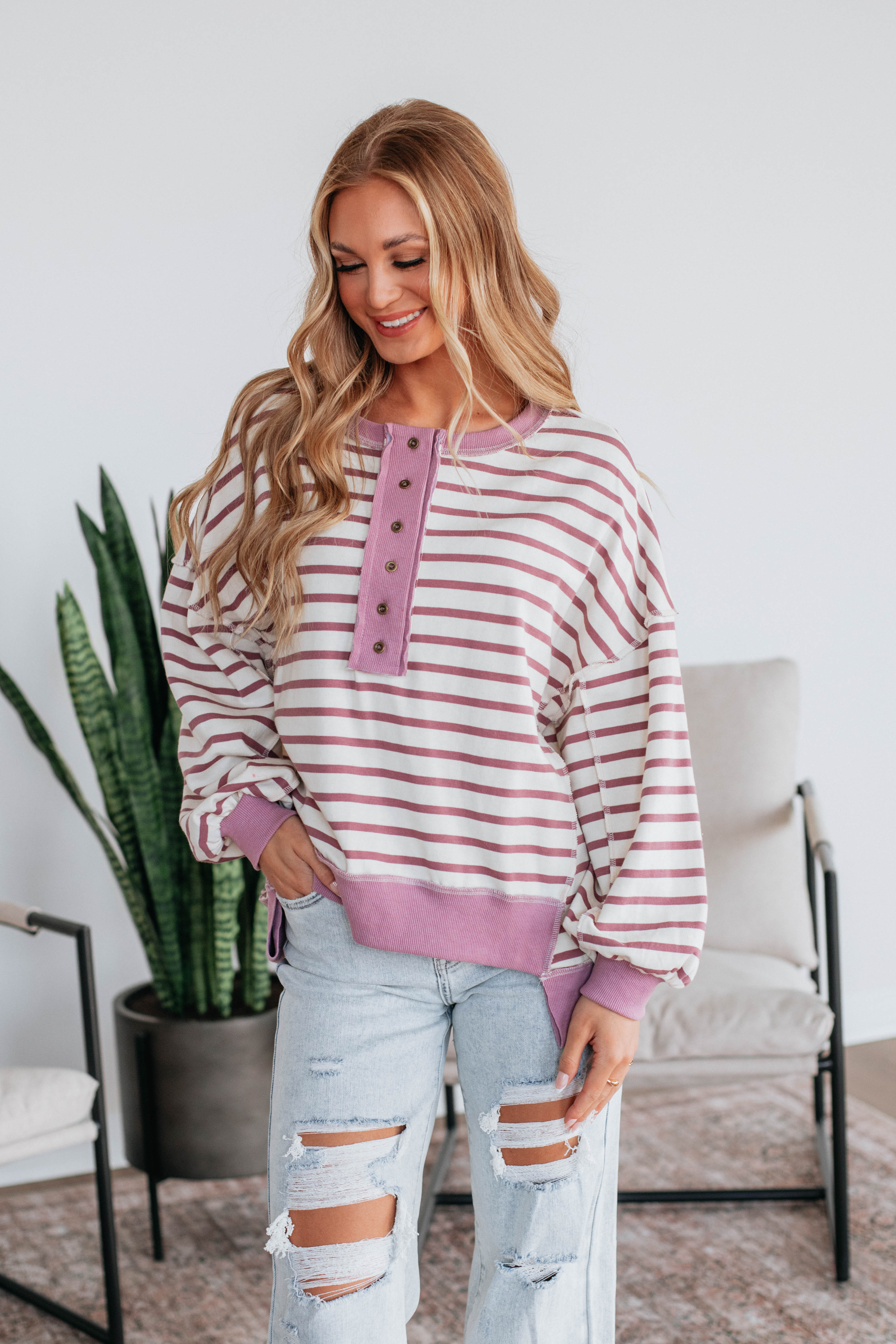 Maggey Striped Pullover Sweater - Dusty Orchid Color | Cozy Casual Wear for Women | Perfect for Fall & Winter Outfits