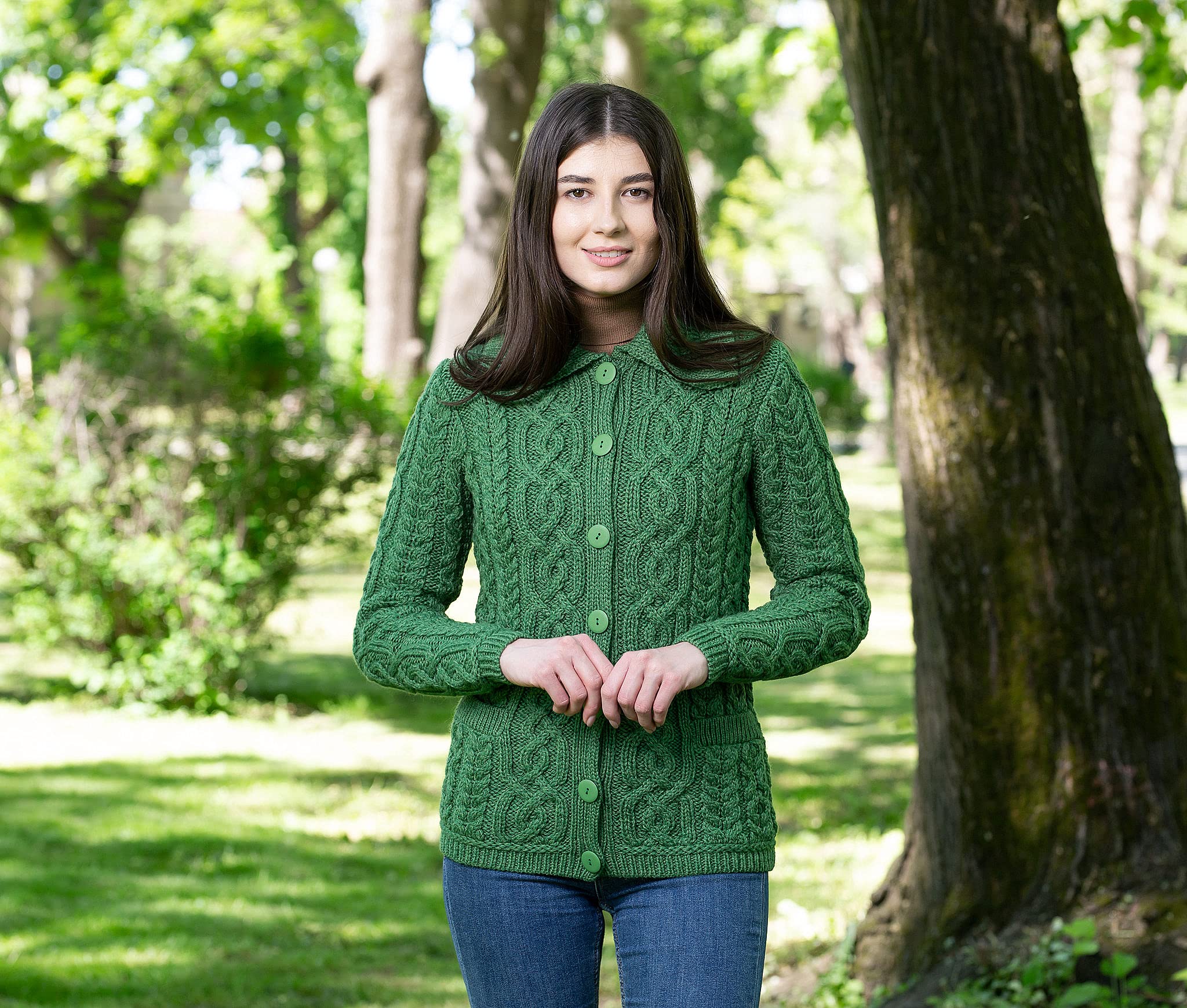 SAOL Women's 100% Merino Wool Irish Aran Cardigan Sweater - Celtic Knit Design with Pockets | Warm Winter Coat for Casual Outings & Office Wear