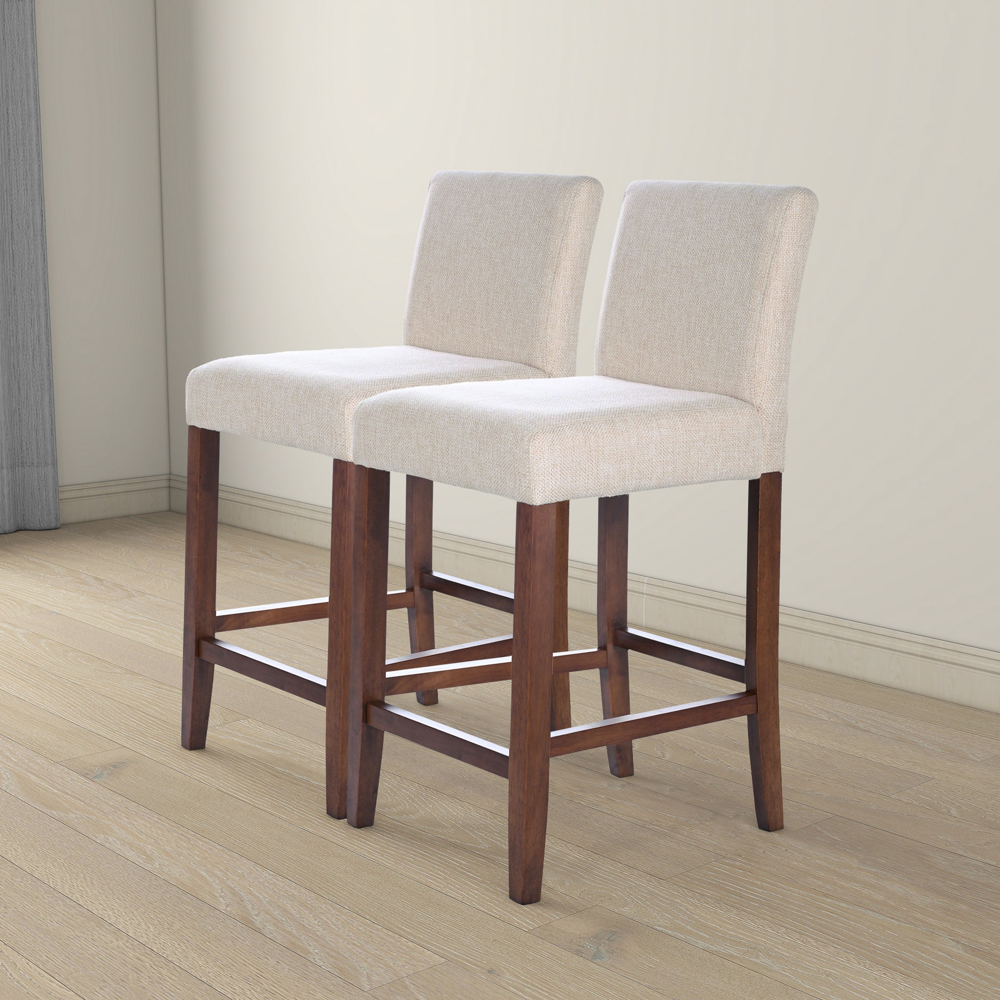 Dorian Beige Fabric Counter Height Bar Stools (Set of 2) - Modern Kitchen Island & Breakfast Nook Seating for Home & Restaurant Use
