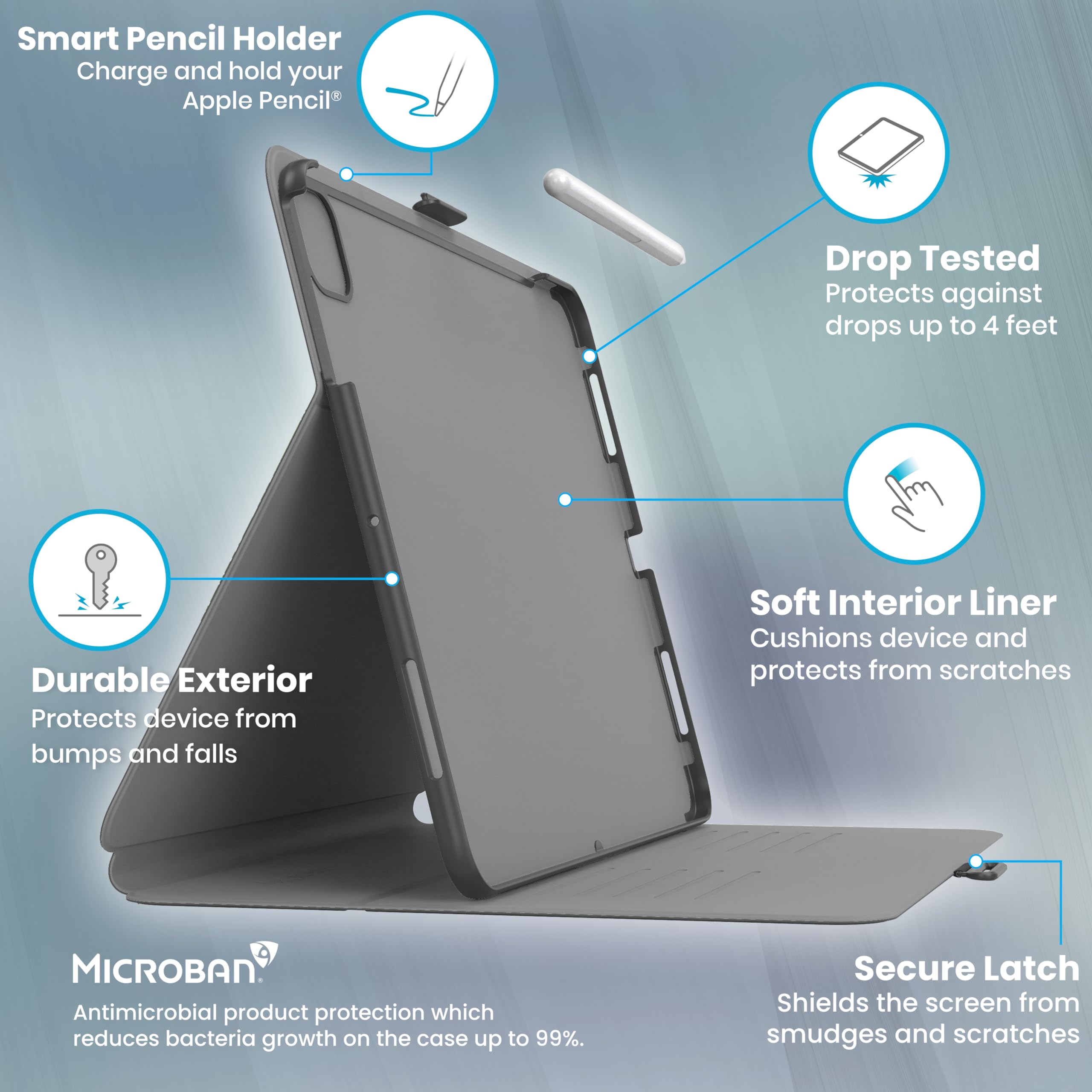 Speck iPad Air 11 Case (2024/2022/2020, 6th/5th/4th Gen) - Slim Protective Cover with Pencil Holder, Drop & Camera Protection, Multi-Angle Stand - Black/Black/White | Perfect for Work, Travel & Everyday Use