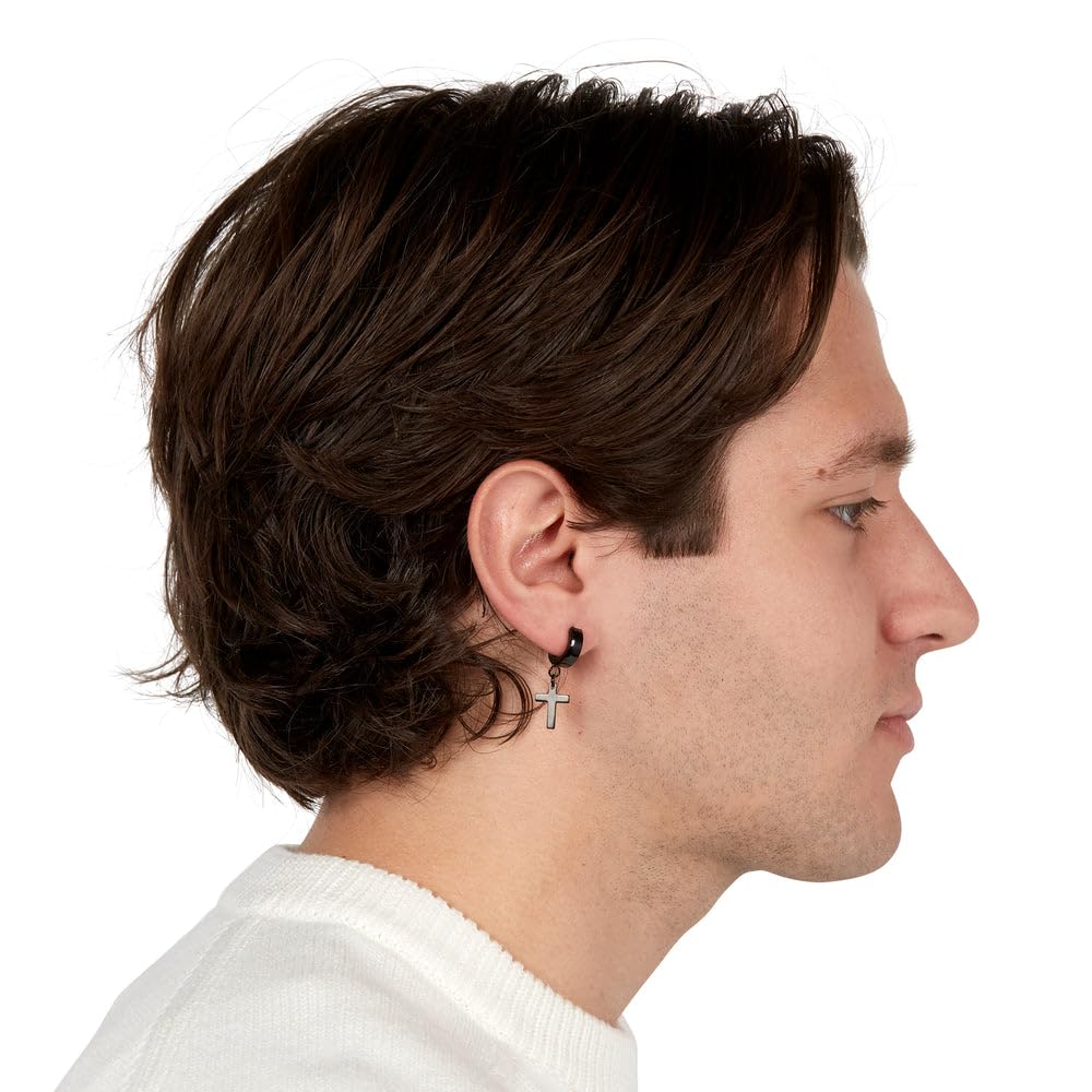 **Men's Black Stainless Steel Cross Dangle Earrings – 1