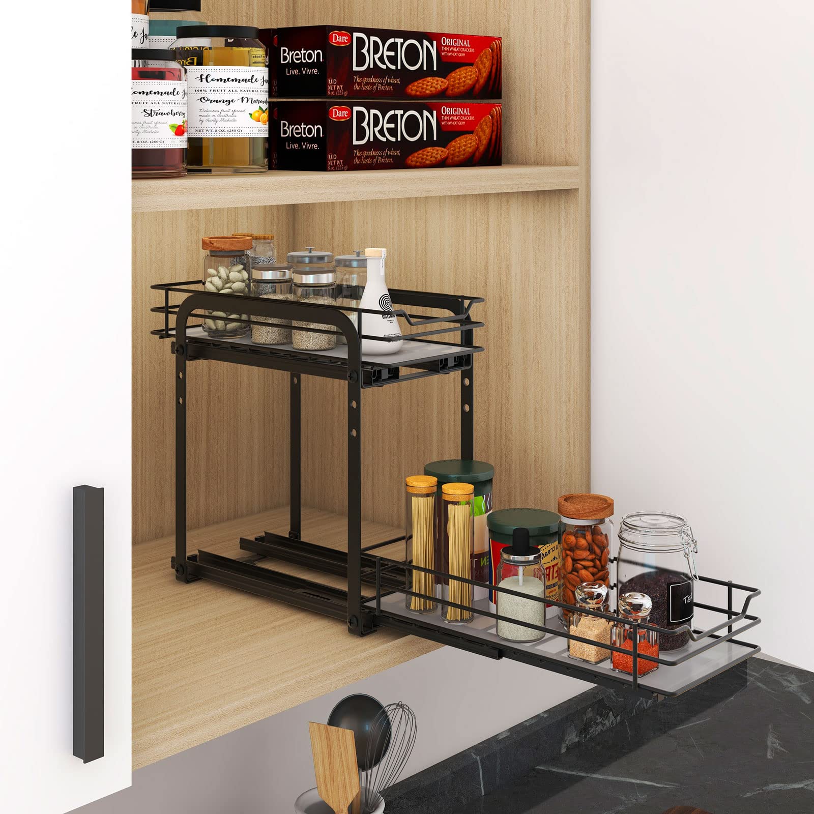 2-Tier Pull Out Spice Rack Organizer - Heavy Duty Metal Basket for Kitchen Cabinets & Pantry Closet - Space Saving Spice Storage Solution for Cooking & Baking Needs