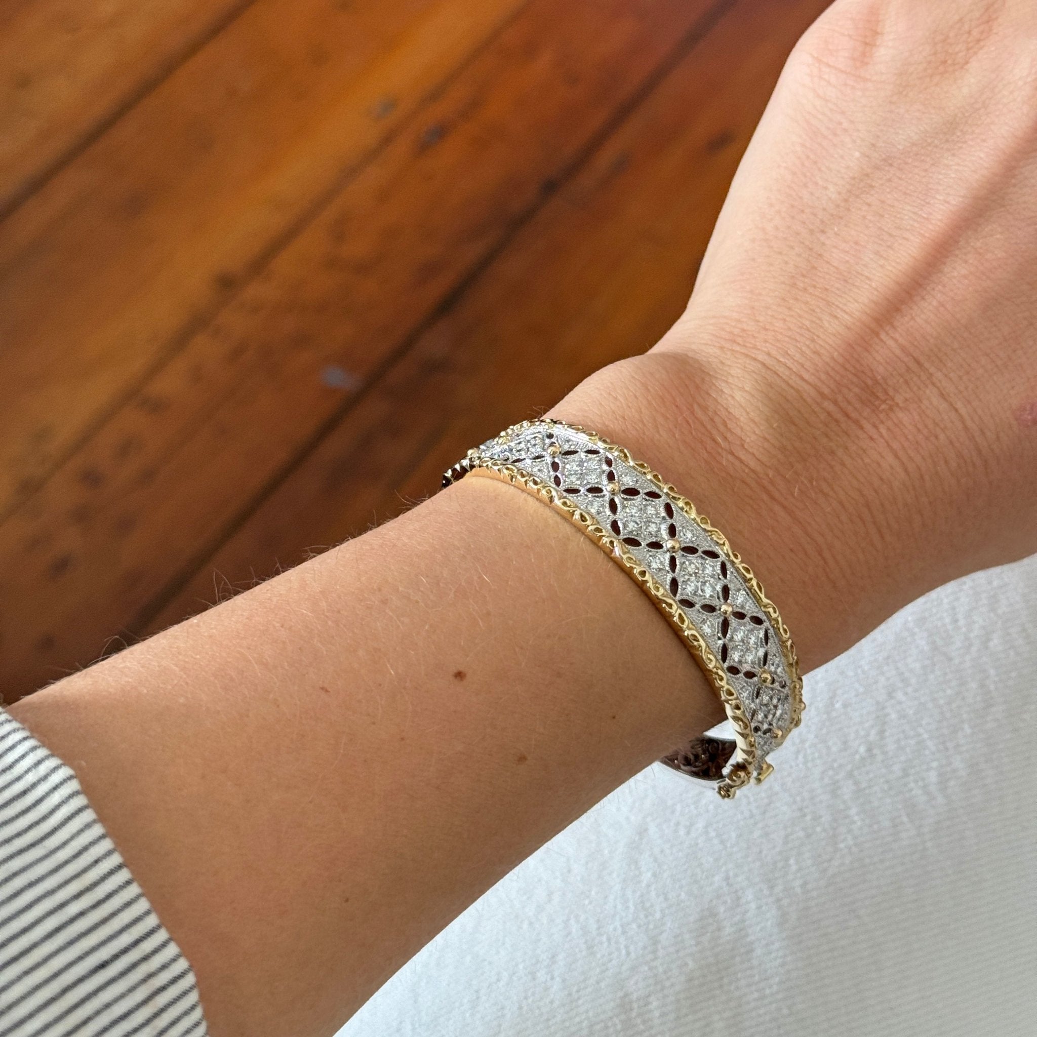 2.21ctw Diamond Filigree Two-Tone 14K Gold Bangle Bracelet for Women - Elegant Jewelry Gift for Anniversary, Wedding & Special Occasions