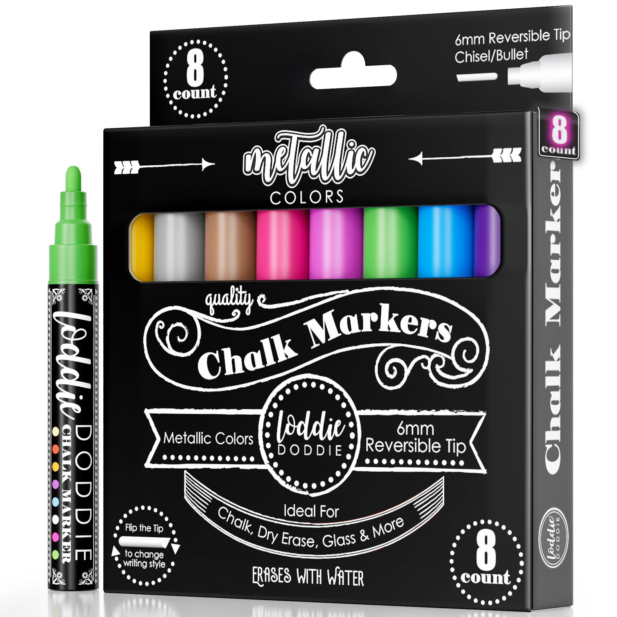 Loddie Doddie Metallic Liquid Chalk Markers - 8 Pack with 6mm Reversible Chisel & Bullet Tips - Erasable Chalk Pens for Chalkboards, Whiteboards, Glass & Windows - Perfect for Restaurants, Classrooms, Events & DIY Crafts