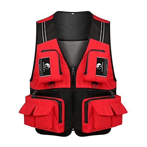 GMJAY Summer Fishing Photography Vest - Breathable Mesh Jacket with Multiple Pockets, Camouflage Outdoor Work Vest for Men & Women (Red, XXL) - Ideal for Fly Fishing, Travel Photography & Outdoor Adventures