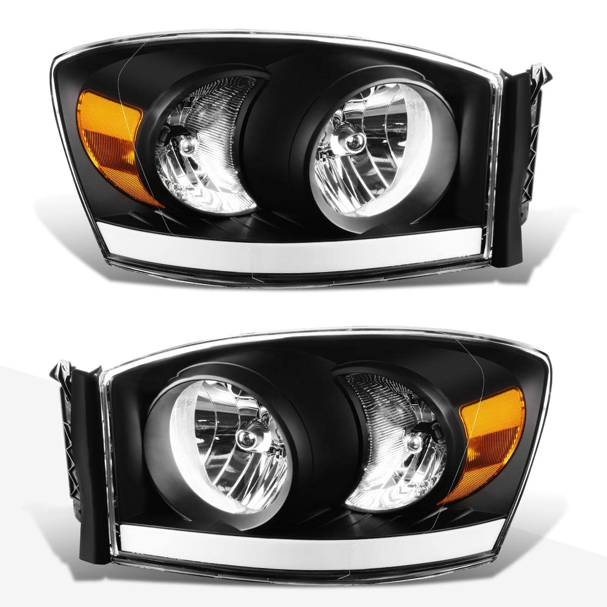 PM PERFORMOTOR LED DRL Headlight Assembly for 2006-2009 Dodge Ram Pickup - Black Housing with Amber Corner | High-Performance Replacement Headlamps for Night Driving & Off-Road Use