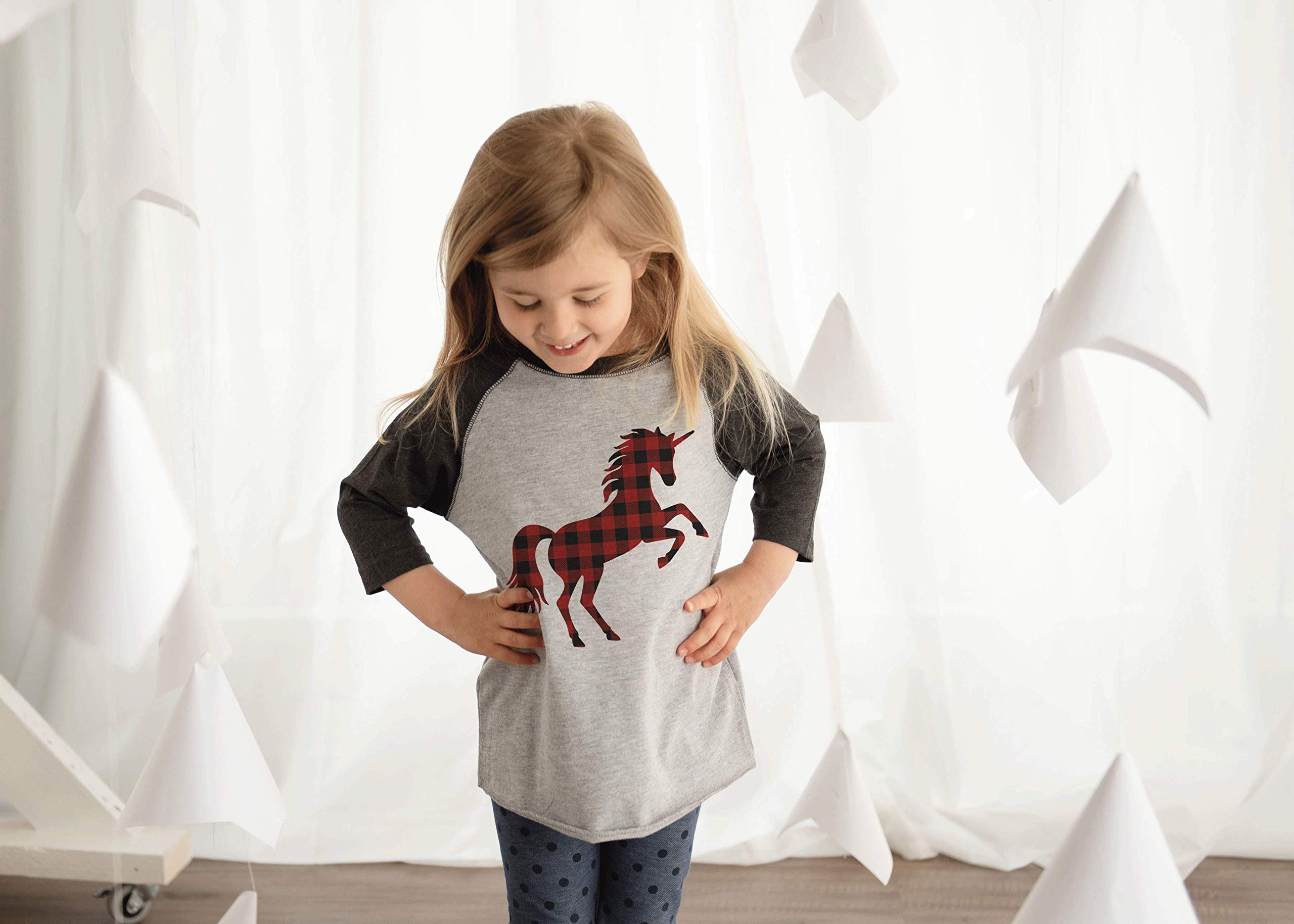 7 ate 9 Apparel Kids Plaid Unicorn Raglan Tee Grey - Soft Cotton Blend Long Sleeve Shirt for Boys & Girls - Perfect for School, Playdates & Family Photos
