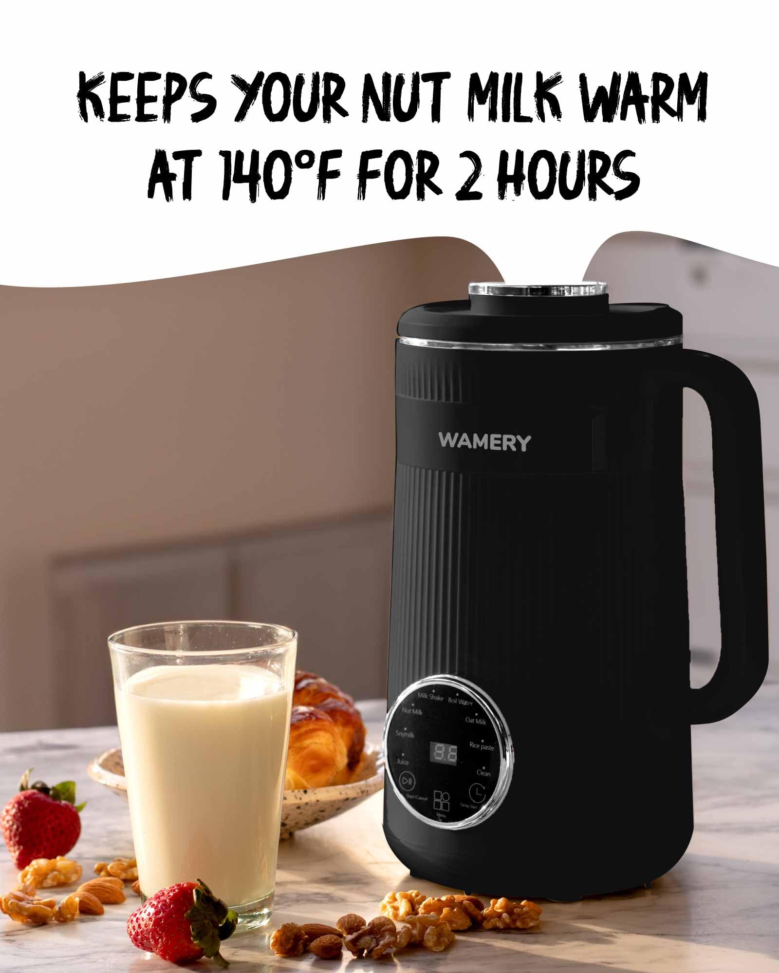 Wamery Original Nut Milk Maker Machine - 32oz Almond, Oat, Soy Milk Maker - Vegan & Plant-Based Milk Maker with Delay Start, Keep Warm & Boil Water Functions (Black) - Perfect for Homemade Dairy-Free Milk, Smoothies & Coffee Creamer