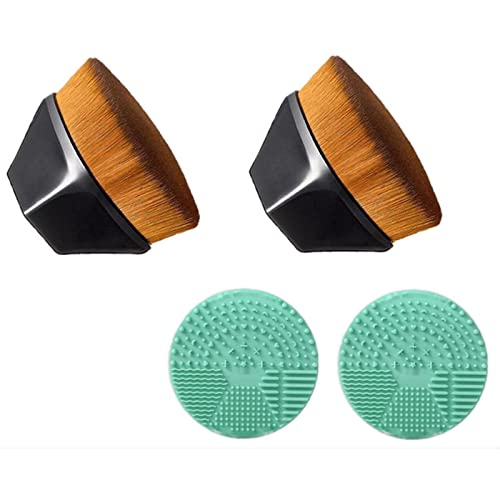 Flawless Mama Makeup Brush Set - Flat Top Kabuki Foundation Brush & Cleaning Pad (2 Black Brushes) for Liquid, Cream & Powder Makeup Application | Professional Makeup Tools for Daily Use & Travel