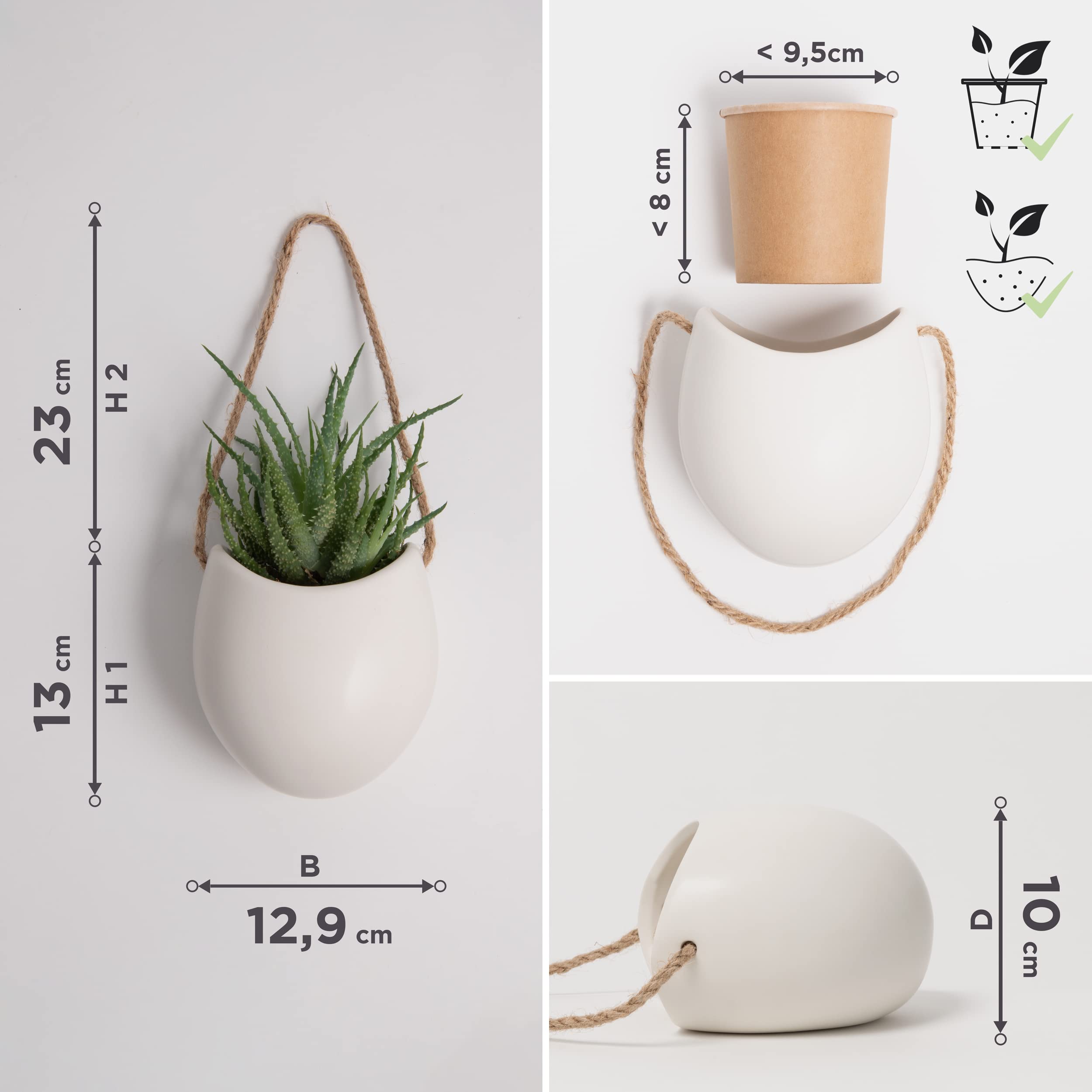 Ellie Hanging Ceramic Wall Planters Set of 3 - Cream Matte Indoor Outdoor Plant Pots for Home, Balcony & Garden Decor - Perfect for Succulents, Herbs and Small Flowers