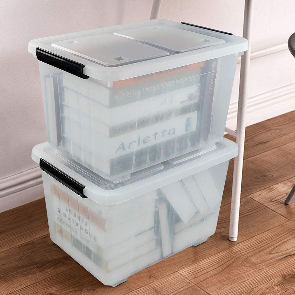 35 Quart Plastic Storage Bin with Wheels - 4 Pack Latching Storage Boxes for Home Organization, Garage, Closet & Moving Supplies - Durable Stackable Containers for Easy Storage & Transport