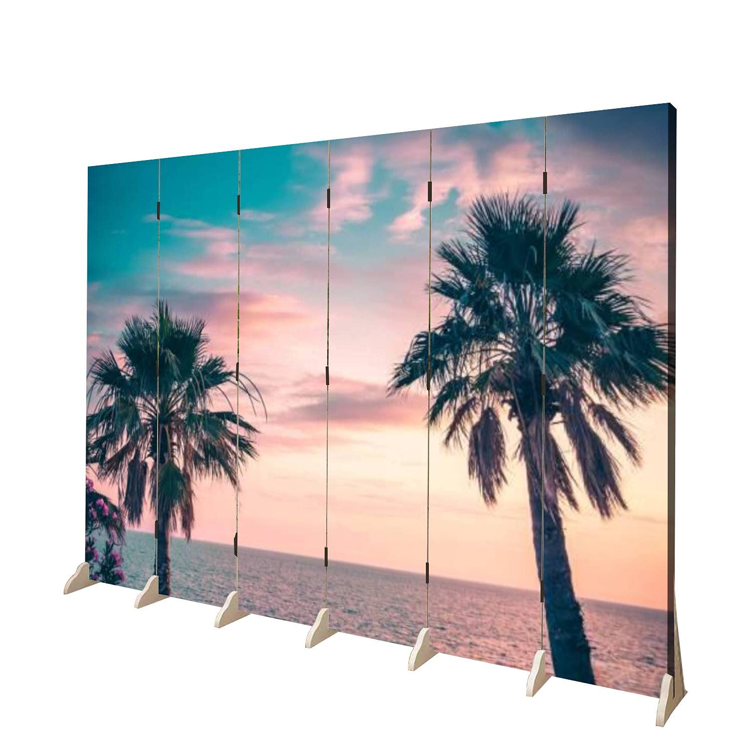 6 Panel Folding Room Divider - Tropical Palm Tree Sunset Canvas Privacy Screen for Bedroom, Office & Living Room | Freestanding Indoor Partition Wall with Nature Scenery | Perfect for Home Decor, Yoga Space & Nursery Separation