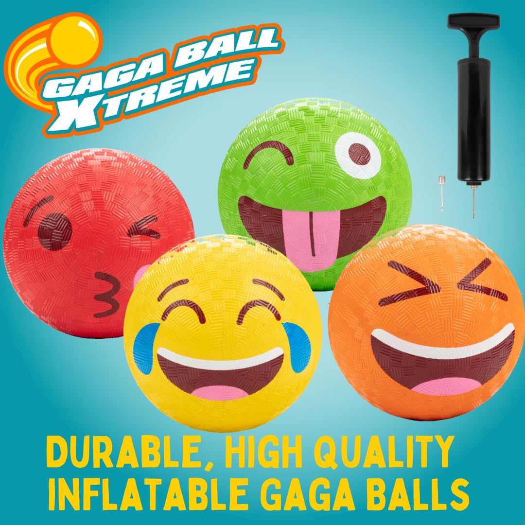 **5 Inch Gaga Ball Playground Set (4 Pack with Silly Faces) - Official Size Durable Rubber Dodgeball & Handball for Kids - Includes Air Pump - Perfect for Outdoor Play, 4 Square, Birthday Parties & School Recess Games**