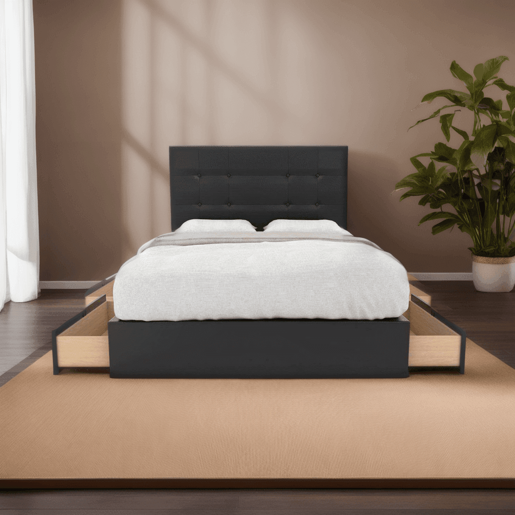 Jaxon Faux Leather Drawer Bed Frame - Queen Size Storage Platform Bed with Upholstered Headboard - Modern Bedroom Furniture for Small Spaces & Guest Rooms
