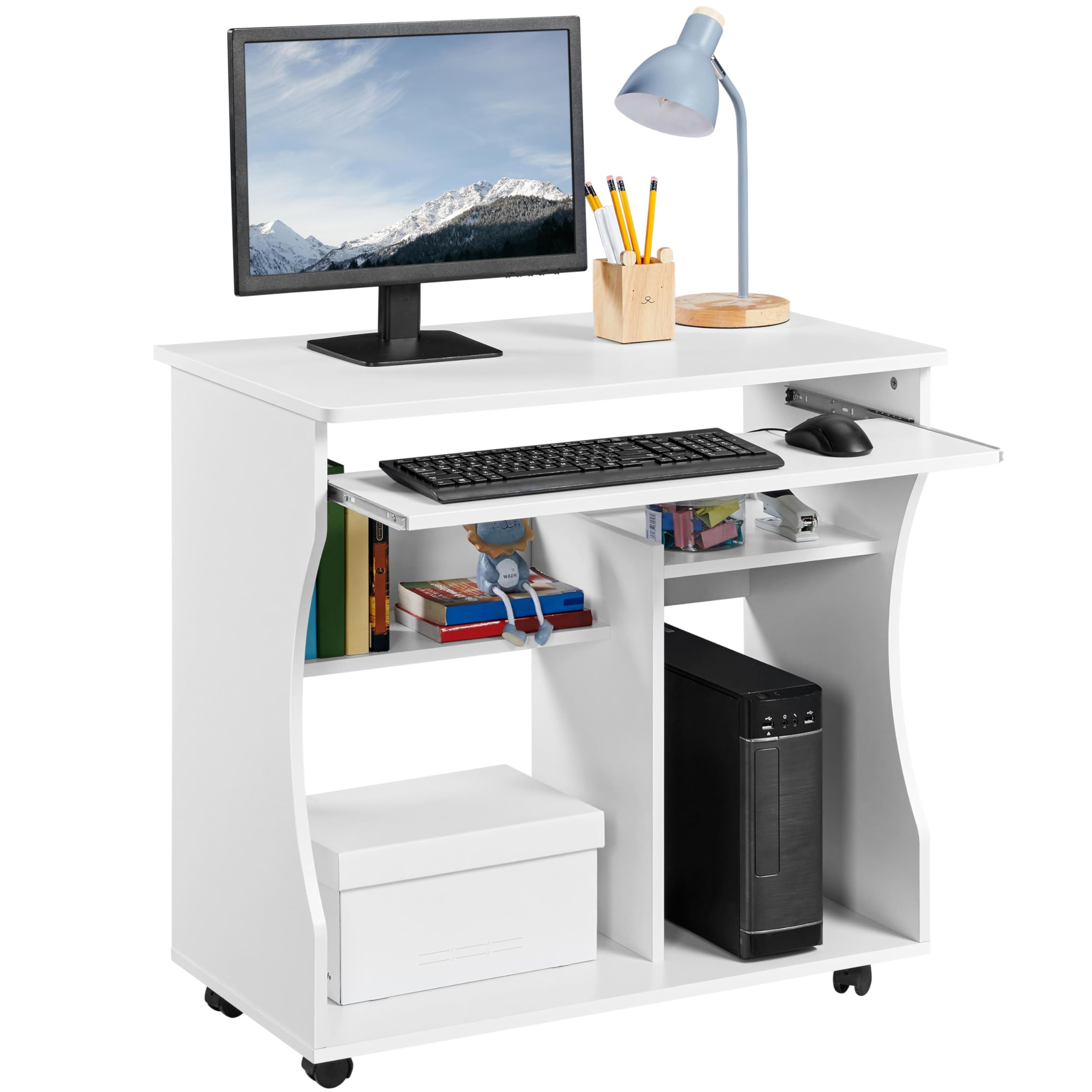 Yaheetech Adjustable Height Mobile Computer Desk with Keyboard Tray & 2 Shelves - 80.1 x 48.1 x 76.2 cm White Rolling Workstation for Home Office, Study, Gaming & Small Spaces - Easy to Move & Space Saving Design