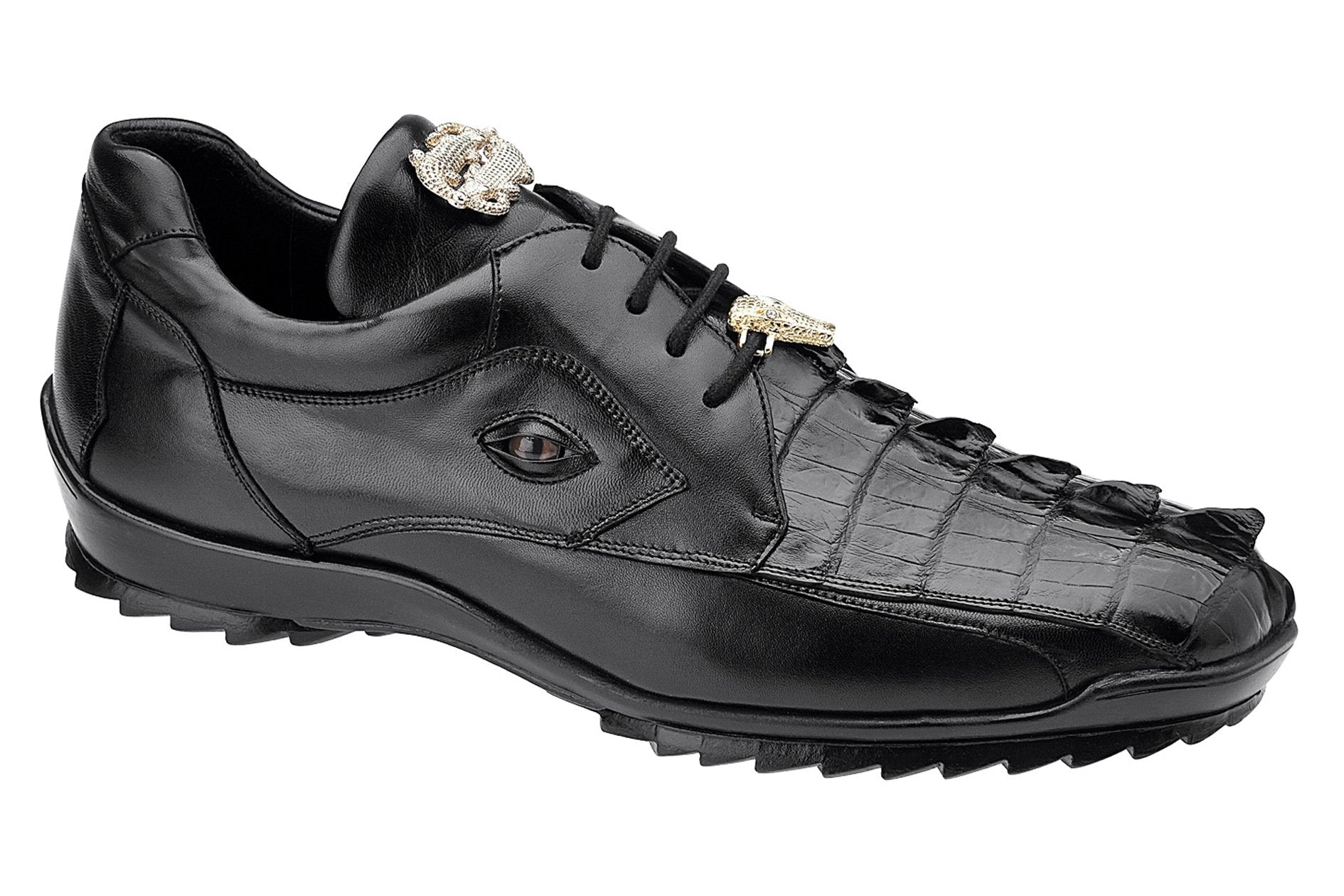 Belvedere Vasco Genuine Hornback Crocodile & Soft Calf Leather Sneakers for Men - Black (336122) | Luxury Casual Shoes for Business & Evening Events