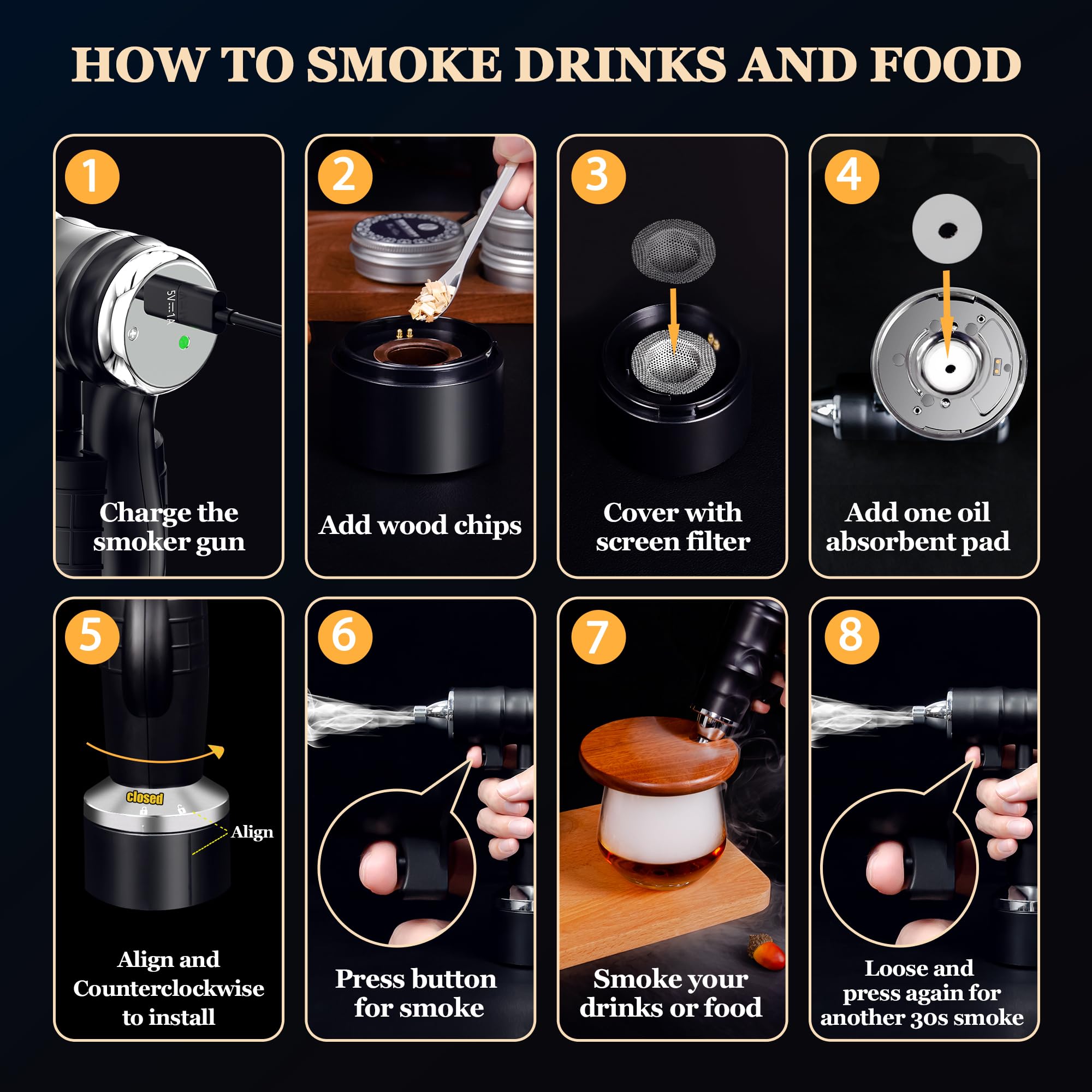 Electric Cocktail Smoker Kit - Rechargeable Whiskey & Bourbon Smoker with Smoking Gun, 8 Wood Chips Included - No Butane Needed - Perfect for Home Bars, Cocktail Parties & Gourmet Food Smoking (Black)