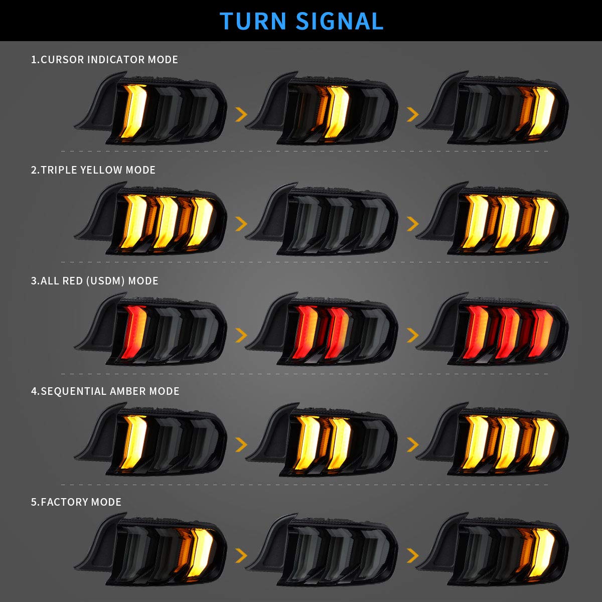 VLAND LED Tail Lights for Ford Mustang 2015-2020 - Sequential Amber/Red Turn Signals, 5 Lighting Modes, Clear Lens (Pair for Driver & Passenger Sides) - Upgrade Your Mustang's Style & Safety for Night Driving & Car Shows