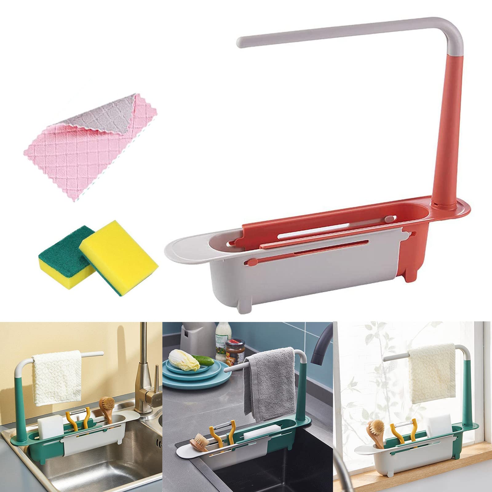 Upgraded Adjustable Telescopic Sink Storage Rack with Dish Cloth Hanger - Expandable Kitchen Drain Basket for Dishes & Utensils - Light Red Home Organization Solution for Small Spaces & Apartment Living