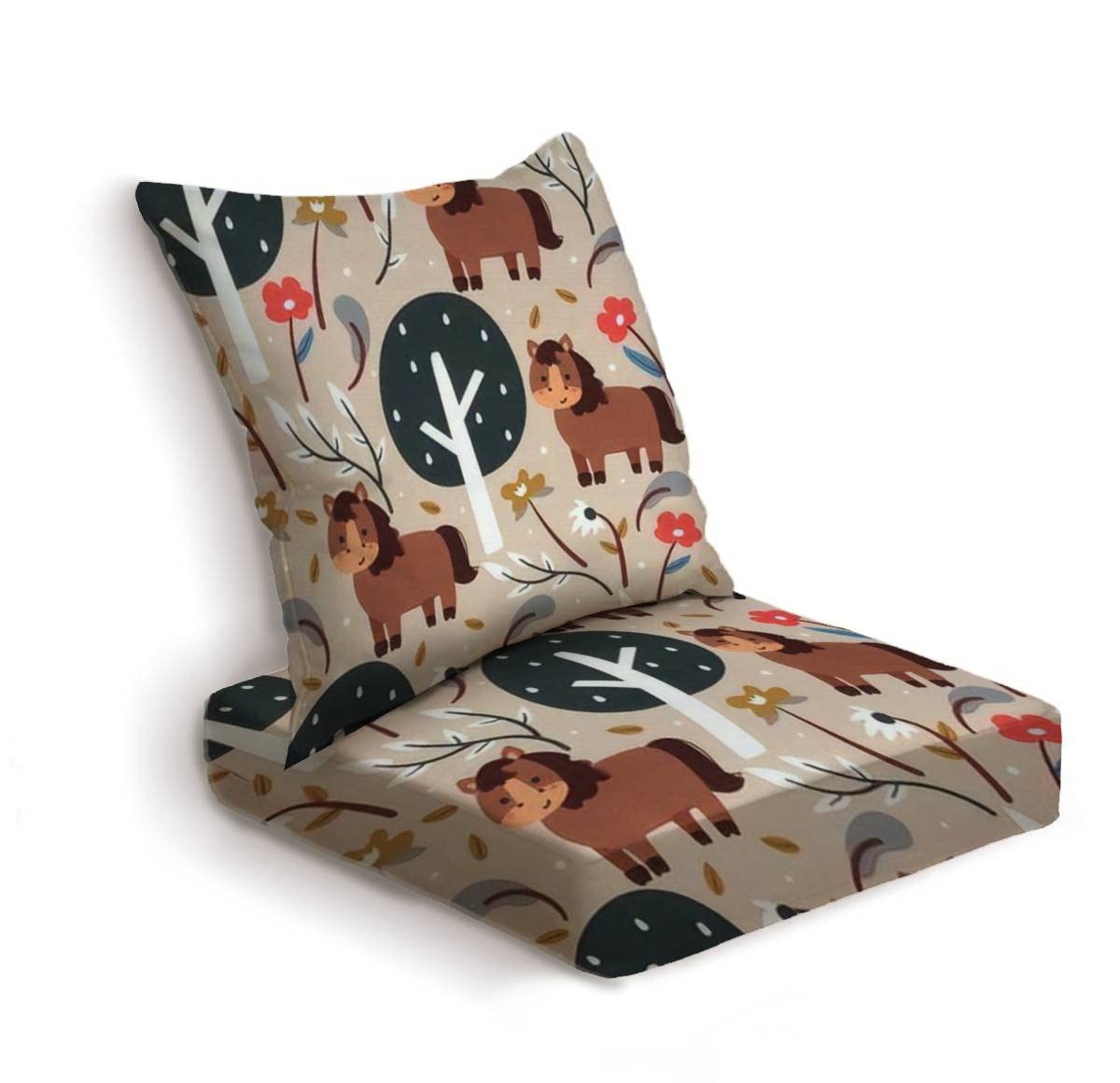 Kids Cartoon Horse Flower Print Fabric - Outdoor All-Weather Deep Seat Cushion Set for Patio Furniture, Replacement Sofa Cushions - Perfect for Garden, Deck, Poolside & Outdoor Relaxation