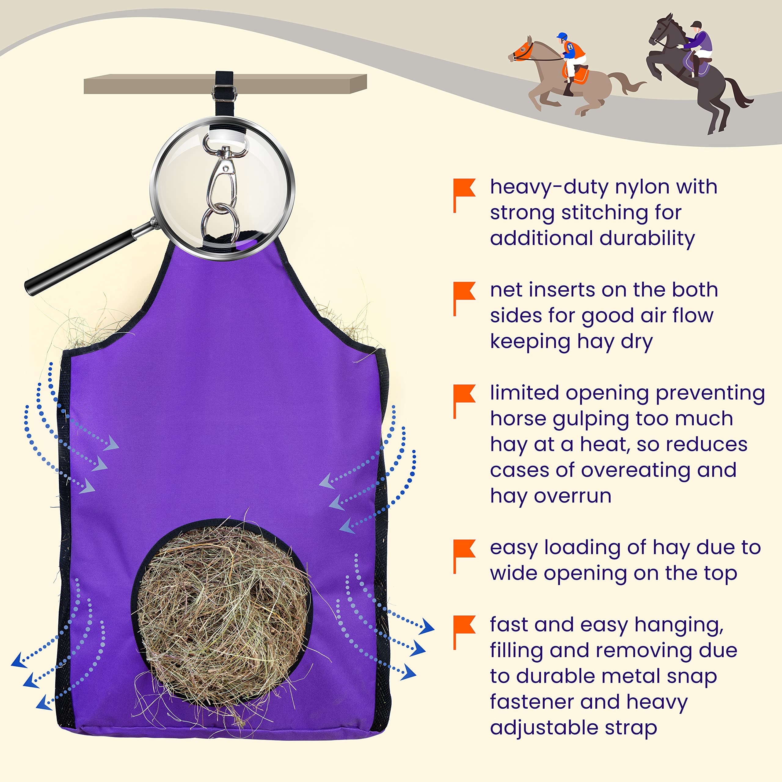 Premium Durable Horse Slow Feed Hay Bag with Metal Snap Fastener & Adjustable Strap - Ideal for Stable, Pasture & Trail Riding - Reduces Waste & Promotes Healthy Eating