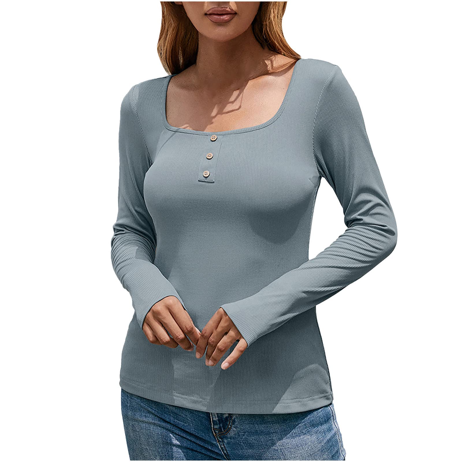 Sexy Long Sleeve Blouse for Women - Solid Color Square Neck Button Down Shirt, Slim Fit Casual Spring Top | Perfect for Office Wear, Date Night & Everyday Outfits