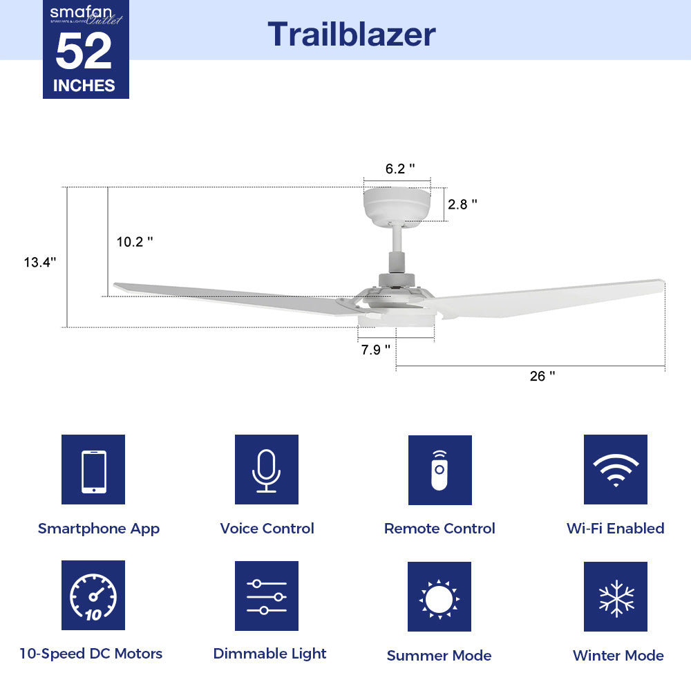 52 Inch Smart Ceiling Fan with LED Light & Remote Control - Perfect for Outdoor Patio, Deck, and Covered Porch Areas - Energy Efficient & Weather Resistant