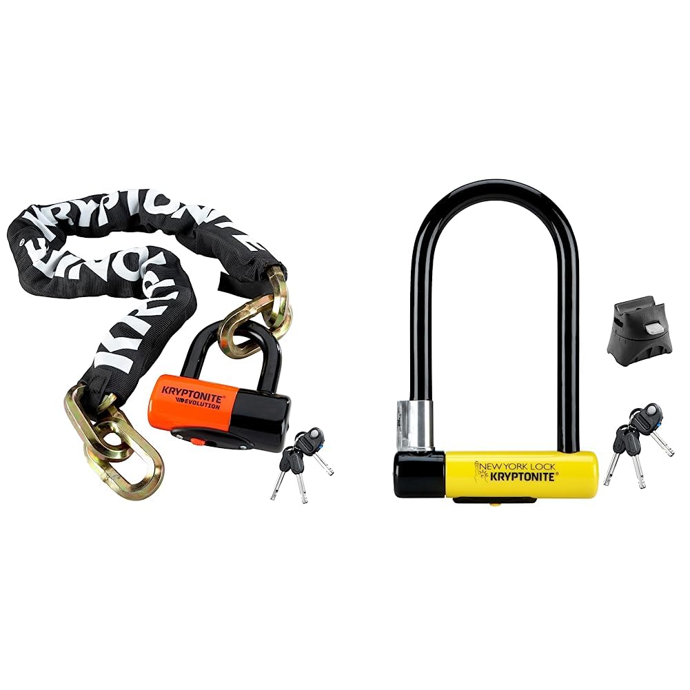 Kryptonite New York 1210 Heavy Duty Bike Chain Lock & U Lock Set - 10mm Security for Bicycles, Motorcycles & Scooters - Black/Yellow - Perfect for Urban Commuting & Outdoor Parking