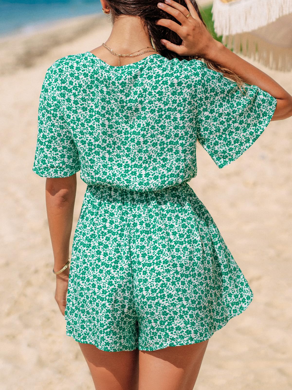 CUPSHE Women's Plunging V-Neck Tie Front Romper Short Sleeve Wide Leg Jumpsuit - Casual Summer Outfit for Beach Vacation, Pool Party & Date Night