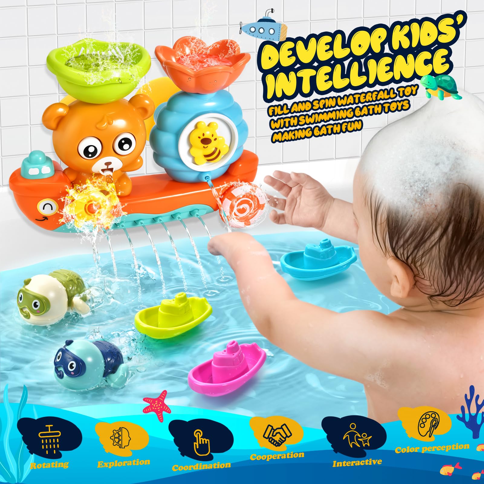 **Best Baby Bath Toys for Toddlers 1-3 Years - 2 Wind-Up Swimming Turtle Toys & 3 Floating Boat Bathtub Toys for Infants Boys & Girls 18+ Months - Fun & Safe Bath Time Play Set for Learning & Sensory Development**