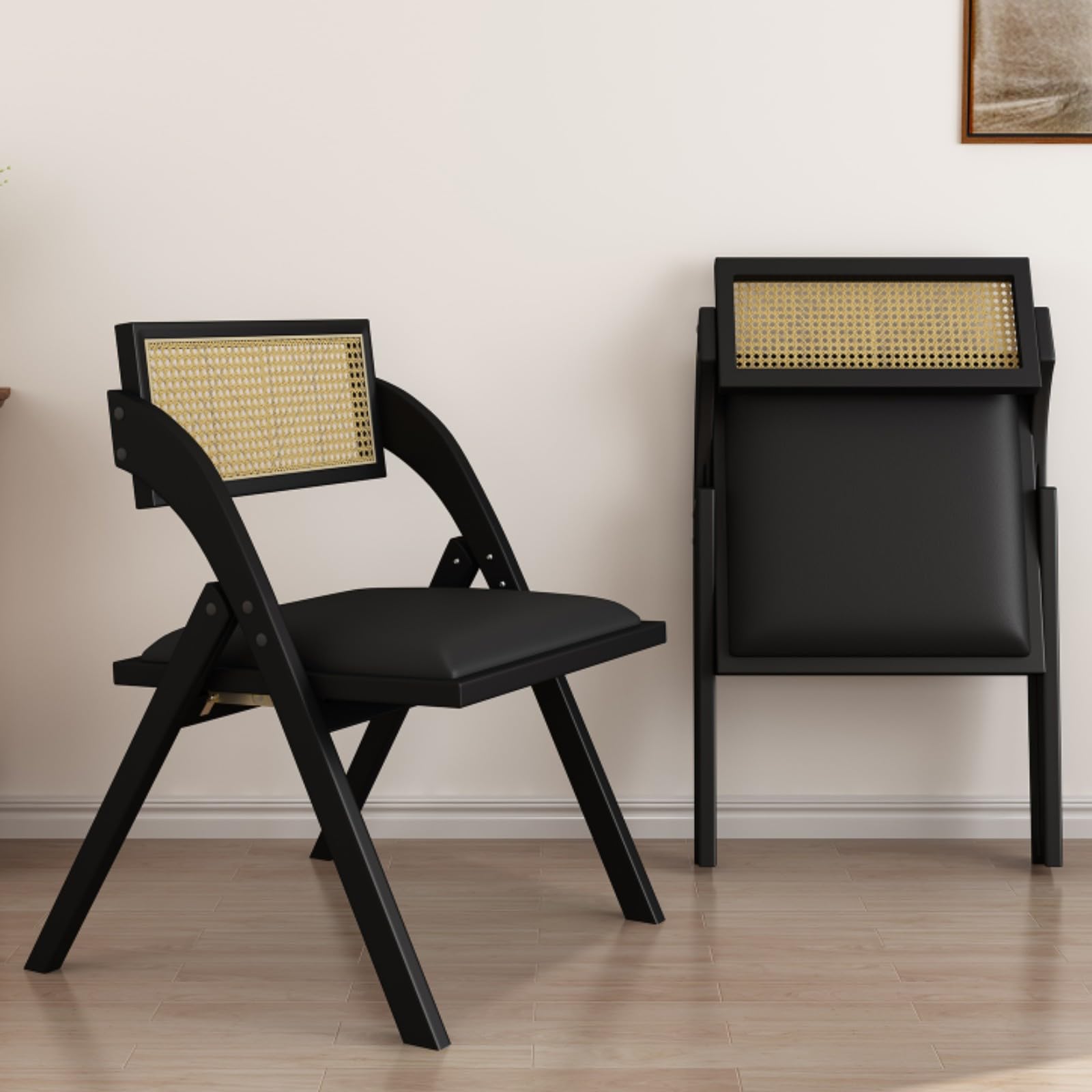 Modern Folding Dining Chairs Set of 2 - Foldable Wood Kitchen Chairs with Comfortable Padded Cushion, Mid Century Rattan Design for Dining Room - Space Saving No Assembly Black Chairs - Perfect for Small Apartments, Kitchens, and Outdoor Patios