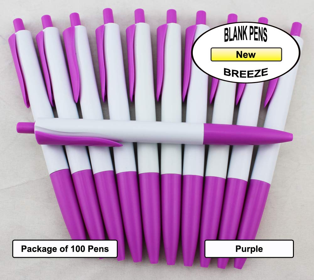 EZPENCILS & GIFTS Bulk Blank Colored Ballpoint Pens - 100 Pack with Blue Ink, Purple Tips, Clips & Caps - Perfect for Office, School, Gifts & Promotional Giveaways