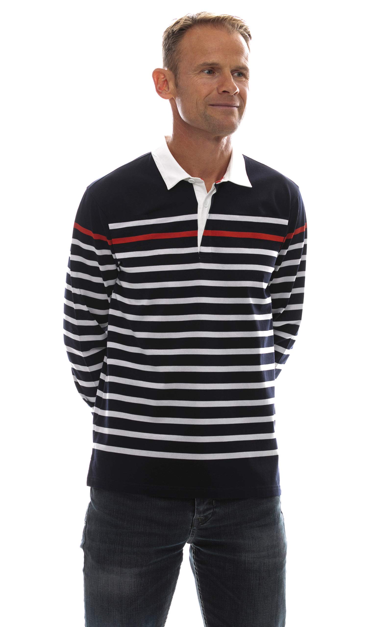UGHOLIN Men's Breton Stripe Cotton Long Sleeve Polo Shirt - Classic Casual Button Down Shirt for Work, Office & Everyday Wear | Breathable Comfort Fit