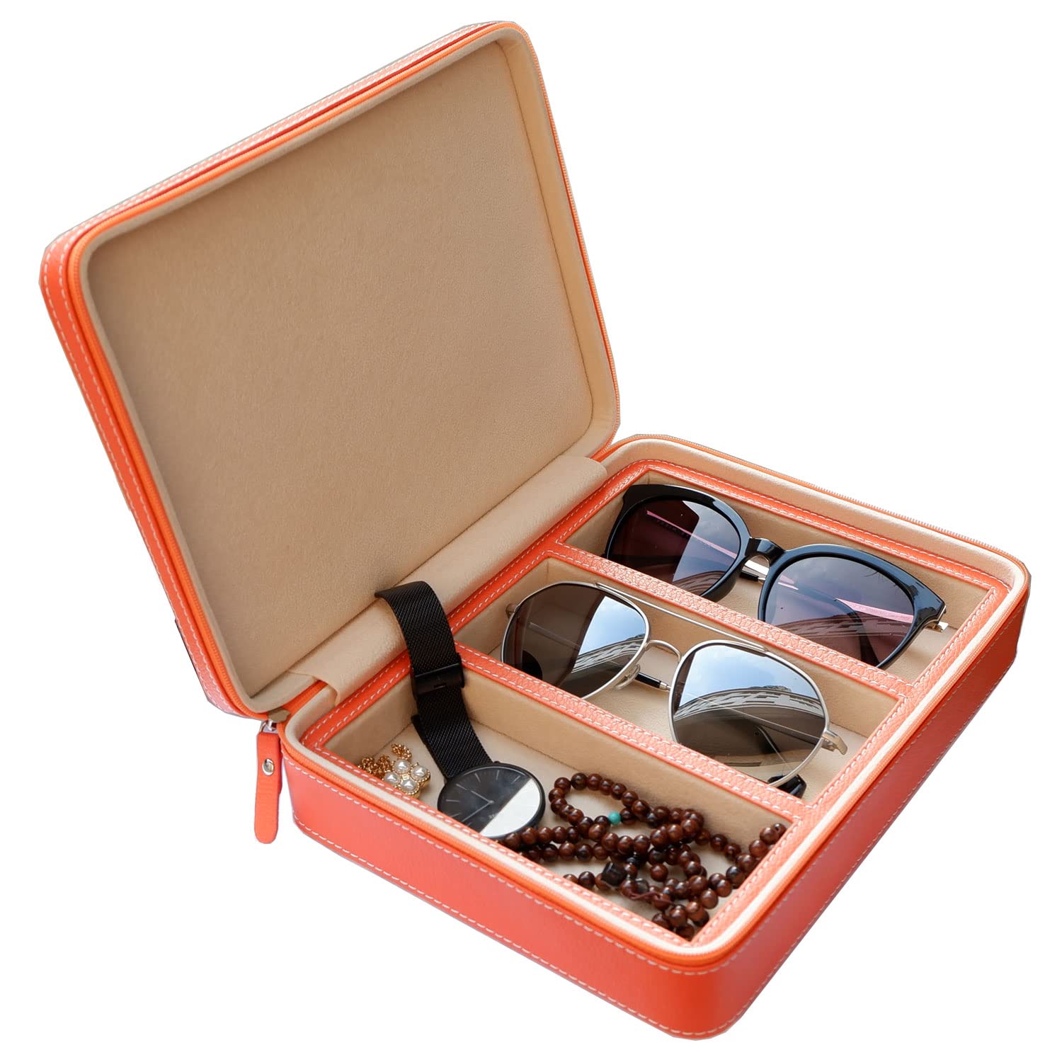 Premium 3-Slot PU Leather Eyeglass Case - Sunglasses Storage Box with Jewelry Display & Watch Organizer for Men & Women | Perfect for Travel, Home Organization & Retail Display